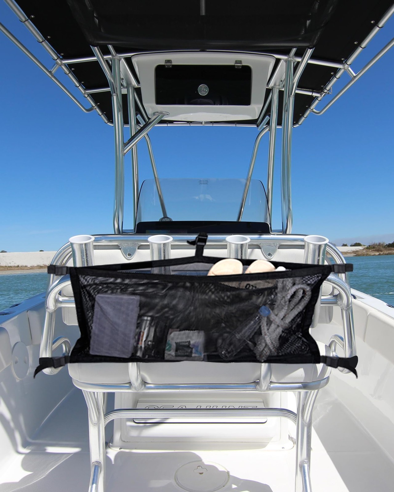 1 PCS 32″ Boat Storage Bag 3 Divisions Adjustable Mesh Organizer Leaning Post