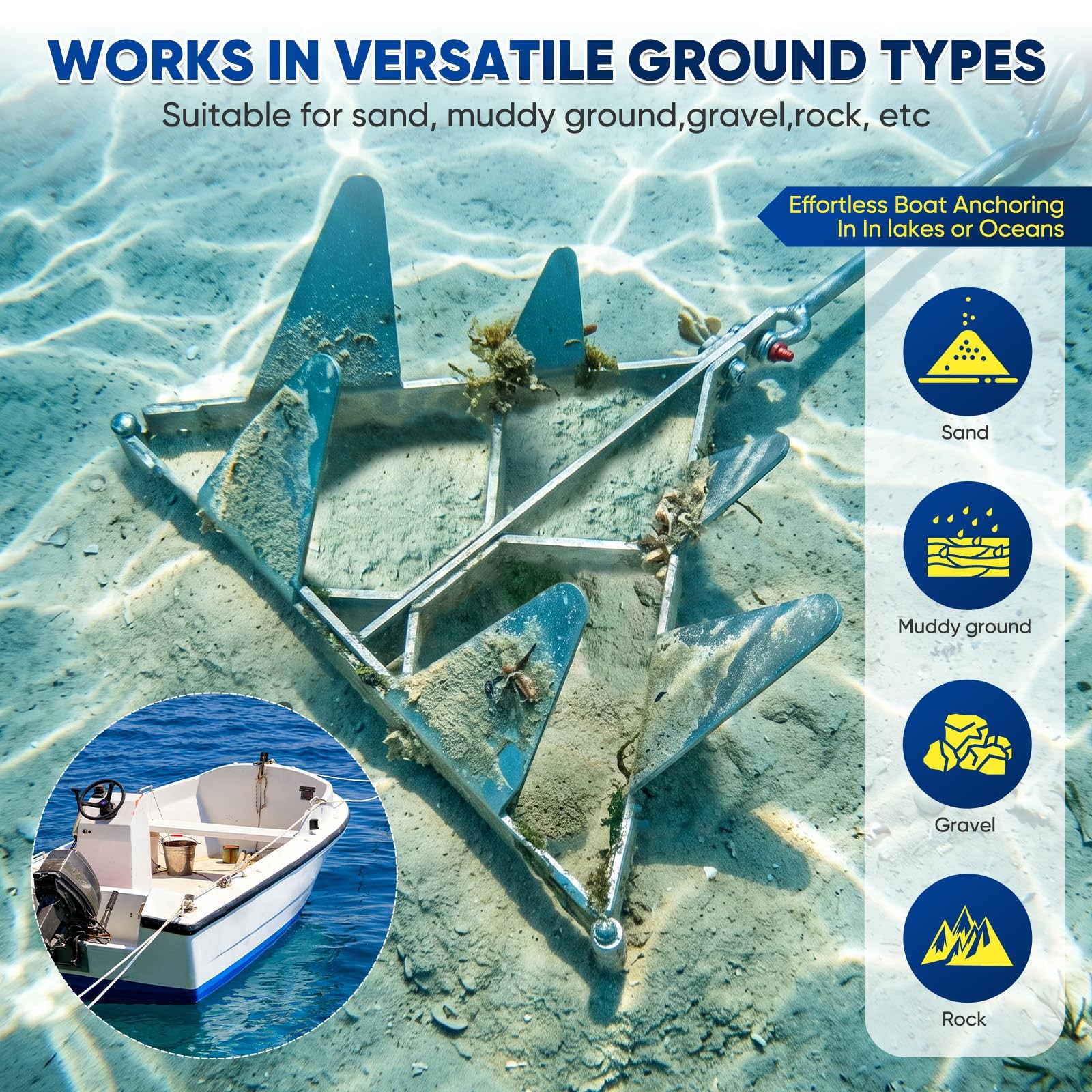9 lb Galvanized Steel Boat Anchor Kit Folding for Small and Medium Boats