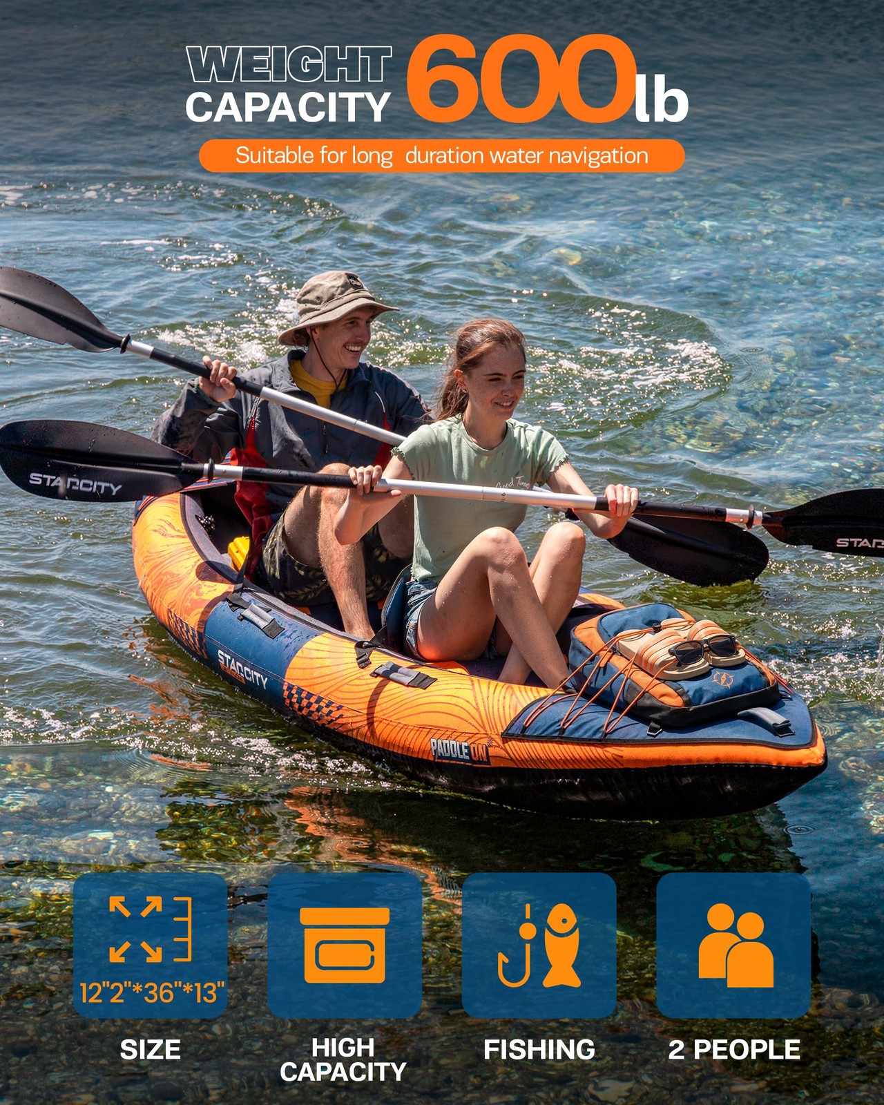 Kayak Inflatable Sit on Top Tandem Wide Stable Touring Fishing Performance 60…