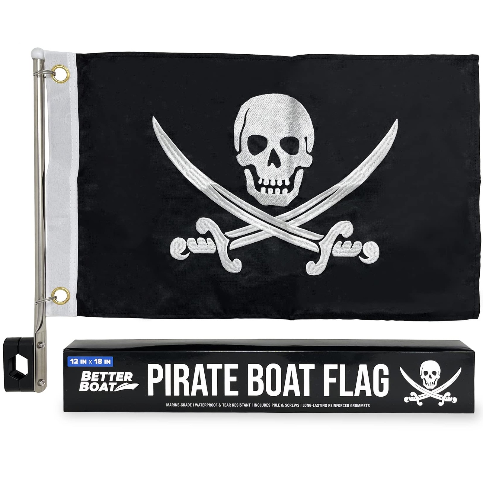Pirate Flag Boat Pole Kit, 12″ x 18″ Jolly Roger Set,