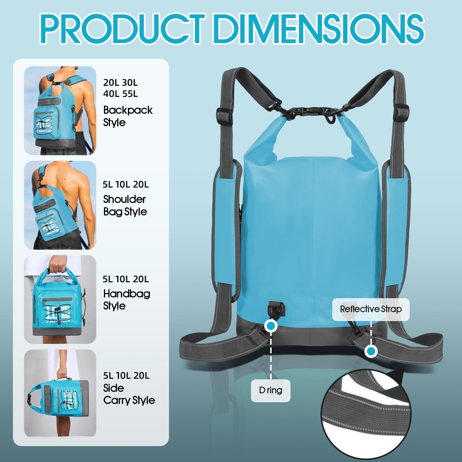 Waterproof Dry Bag Backpack 5L/10L/20L/30L/40L/55L with Phone Case for Kayaking,