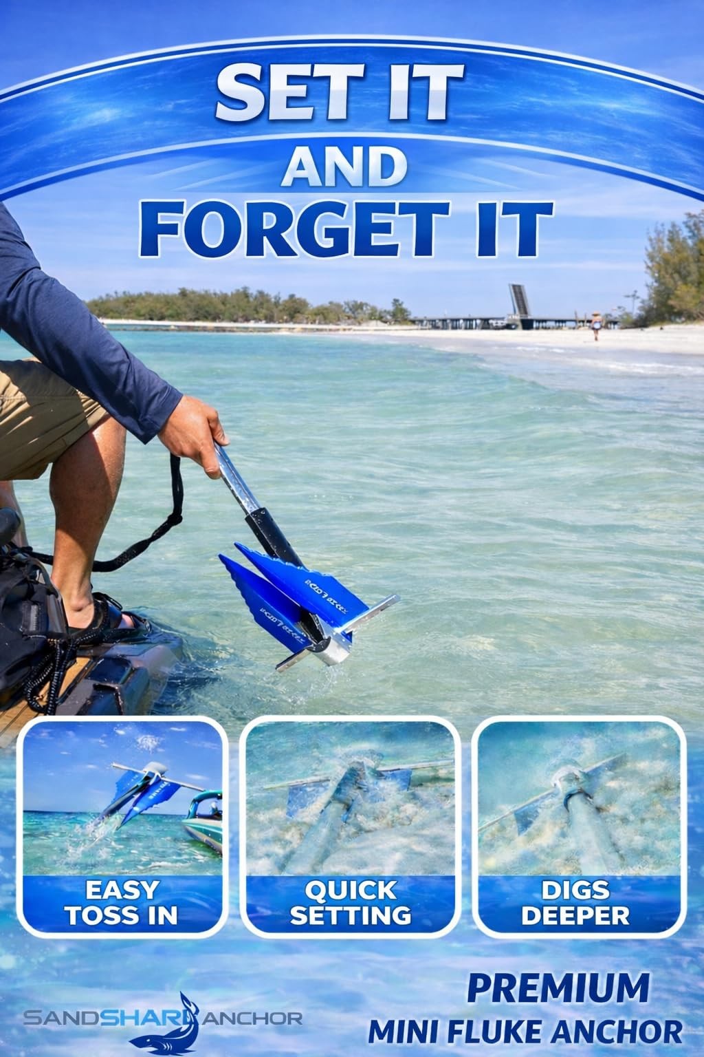 SandShark Premium Fluke Anchor-Retractable Shaft Easy Storage-Aluminum Pontoo…