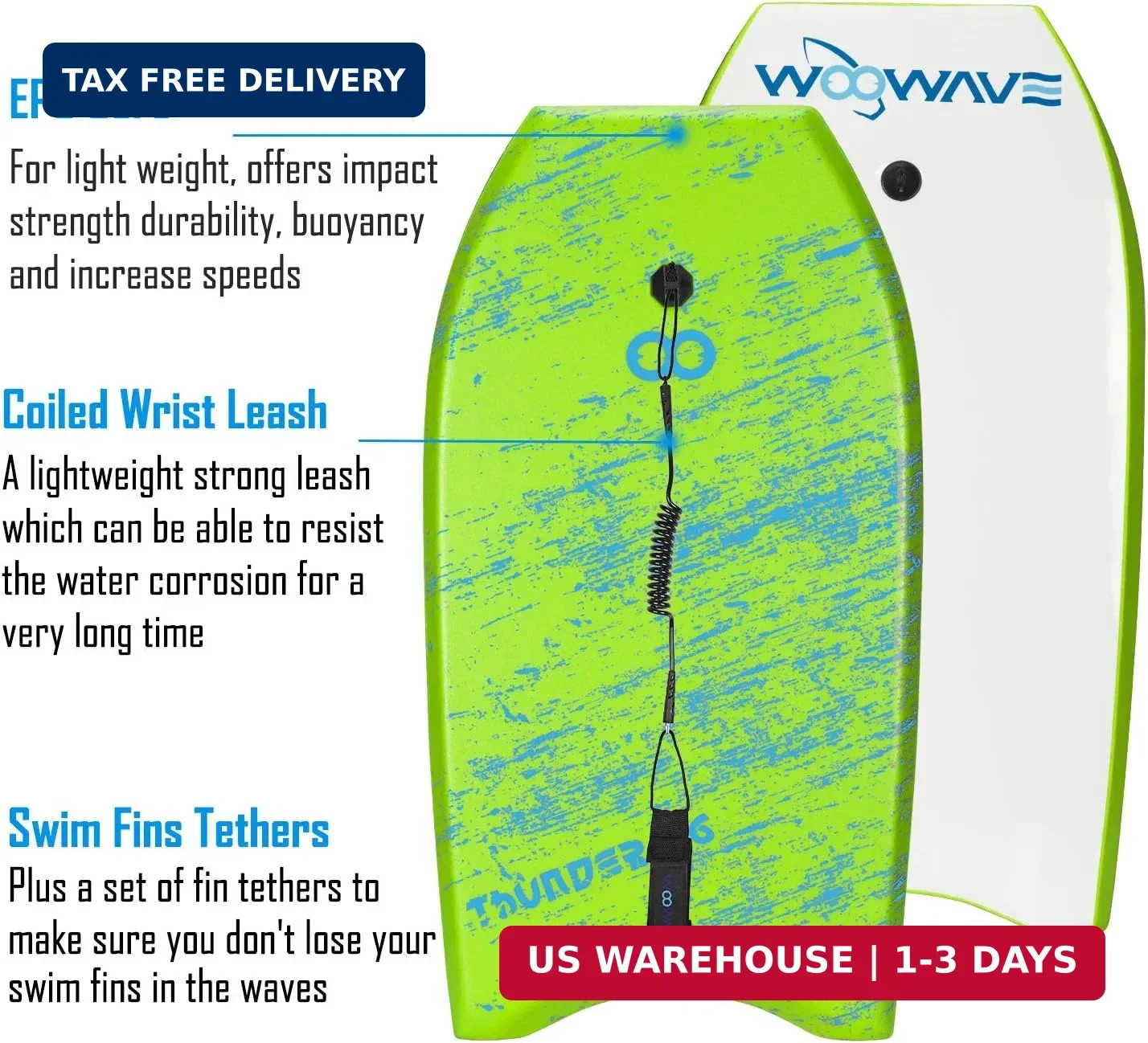 WOOWAVE Bodyboard 33-inch/36-inch/41-inch Super Lightweight Body Board with Coil
