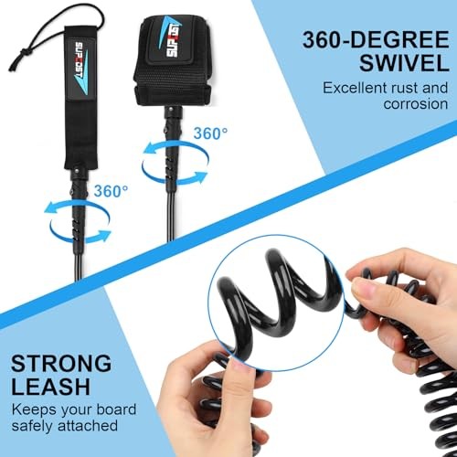 10 ft Surf Board Leash, 5.5mm/Thick Urethane Coiled Paddle Board 7.0mm Black