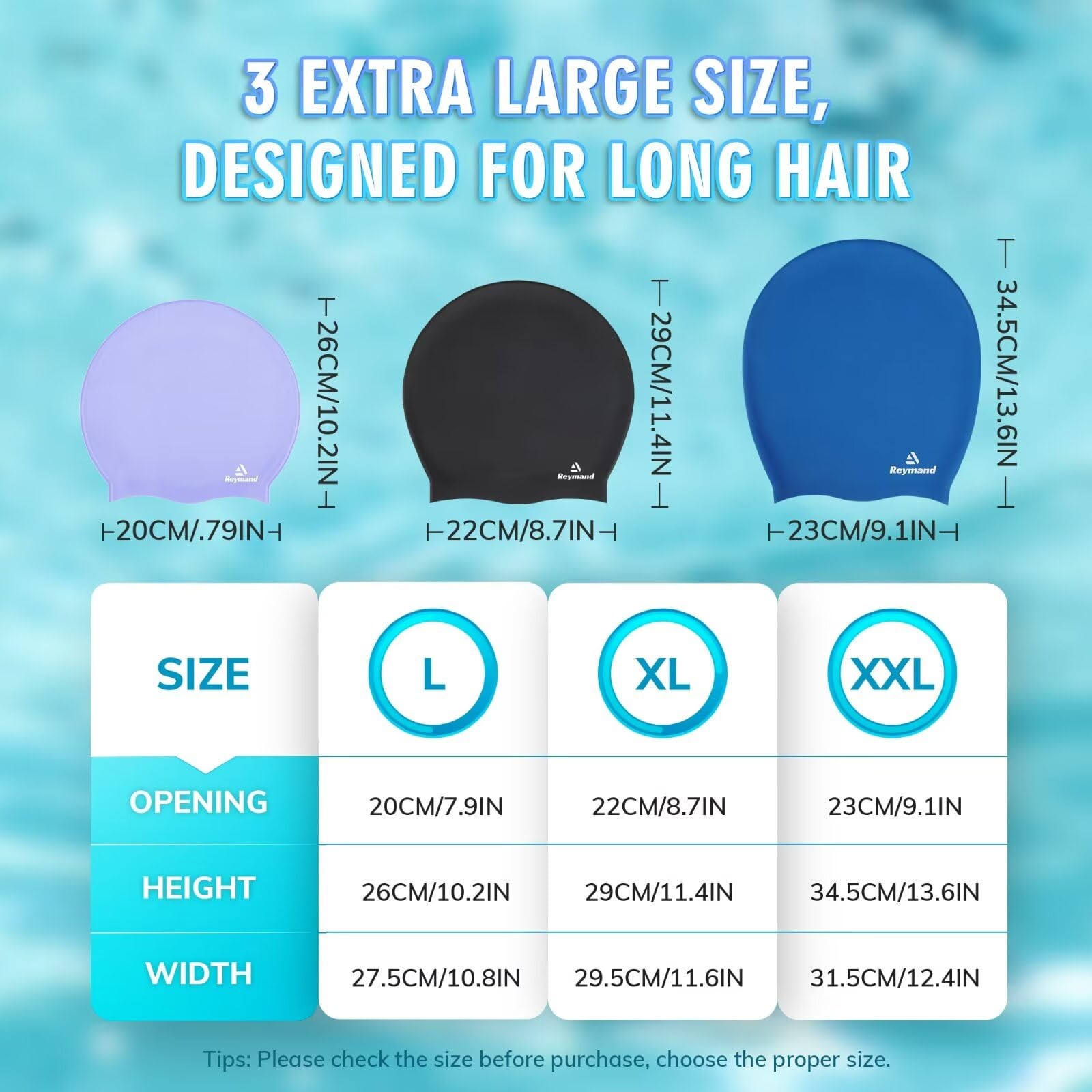 Swim Cap for Long Thick Hair, 3 Size Silicone Swimming Caps X-Large, Black