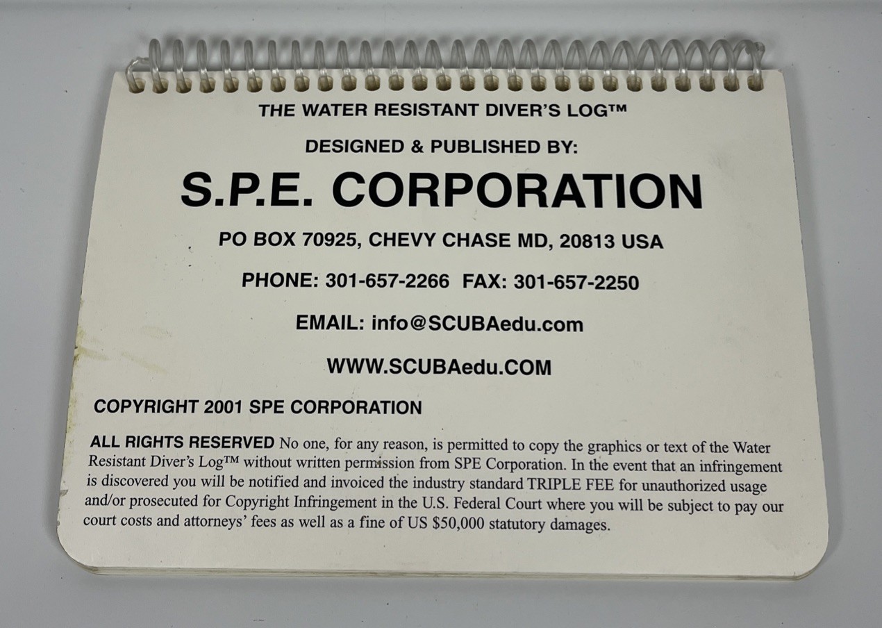 The Water Resistant Diver’s Log Book S.P.E. Corporation