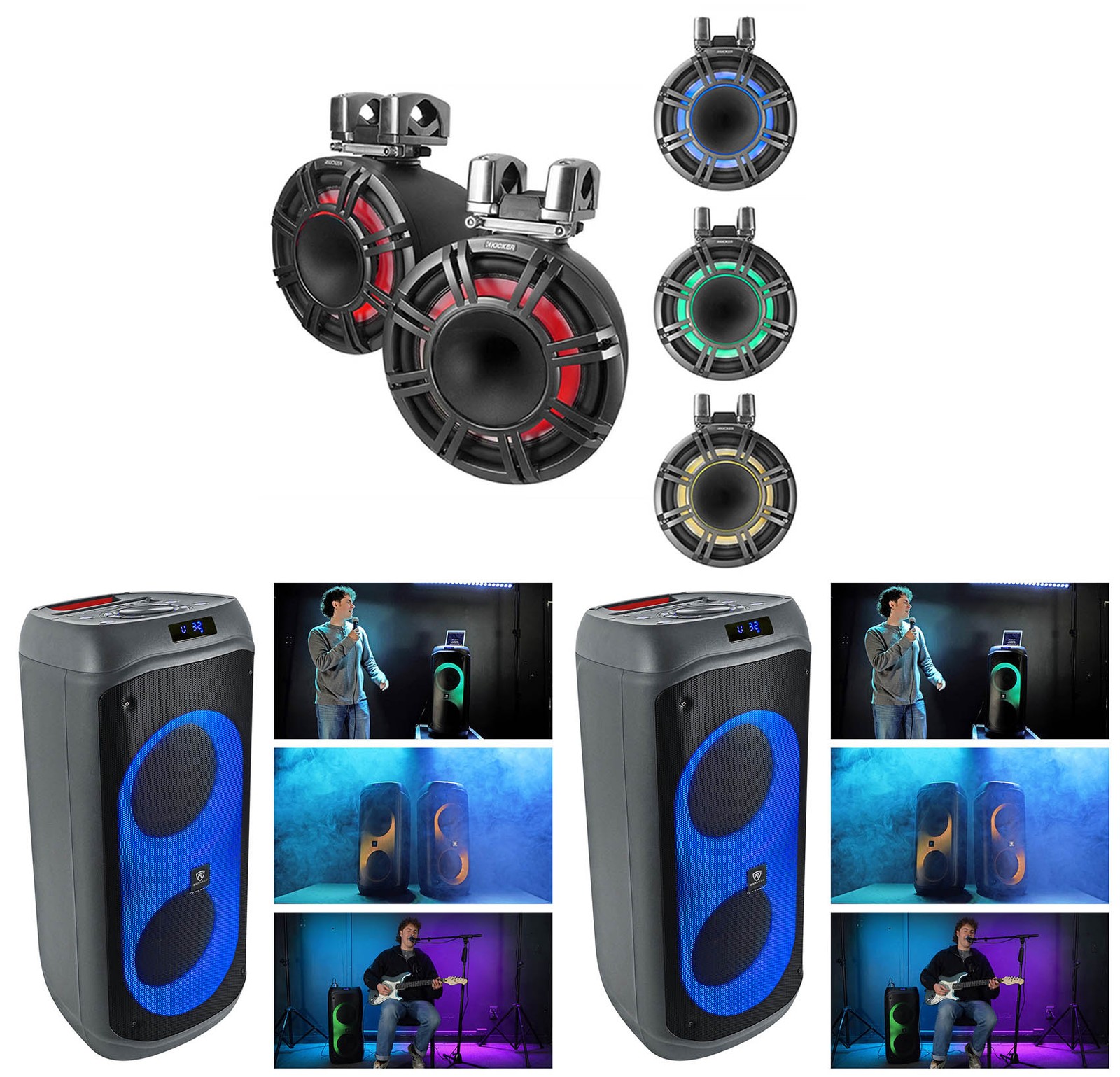 Pair Kicker KMTC9 HLCD 9″ 600w LED Wakeboard Tower Speakers+(2) Party Speakers