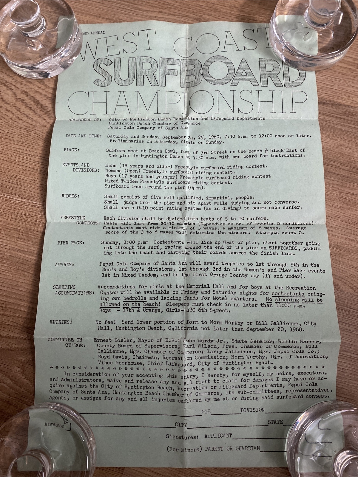 1960 west coast surfboad championship sign up applicatio form surf surfing