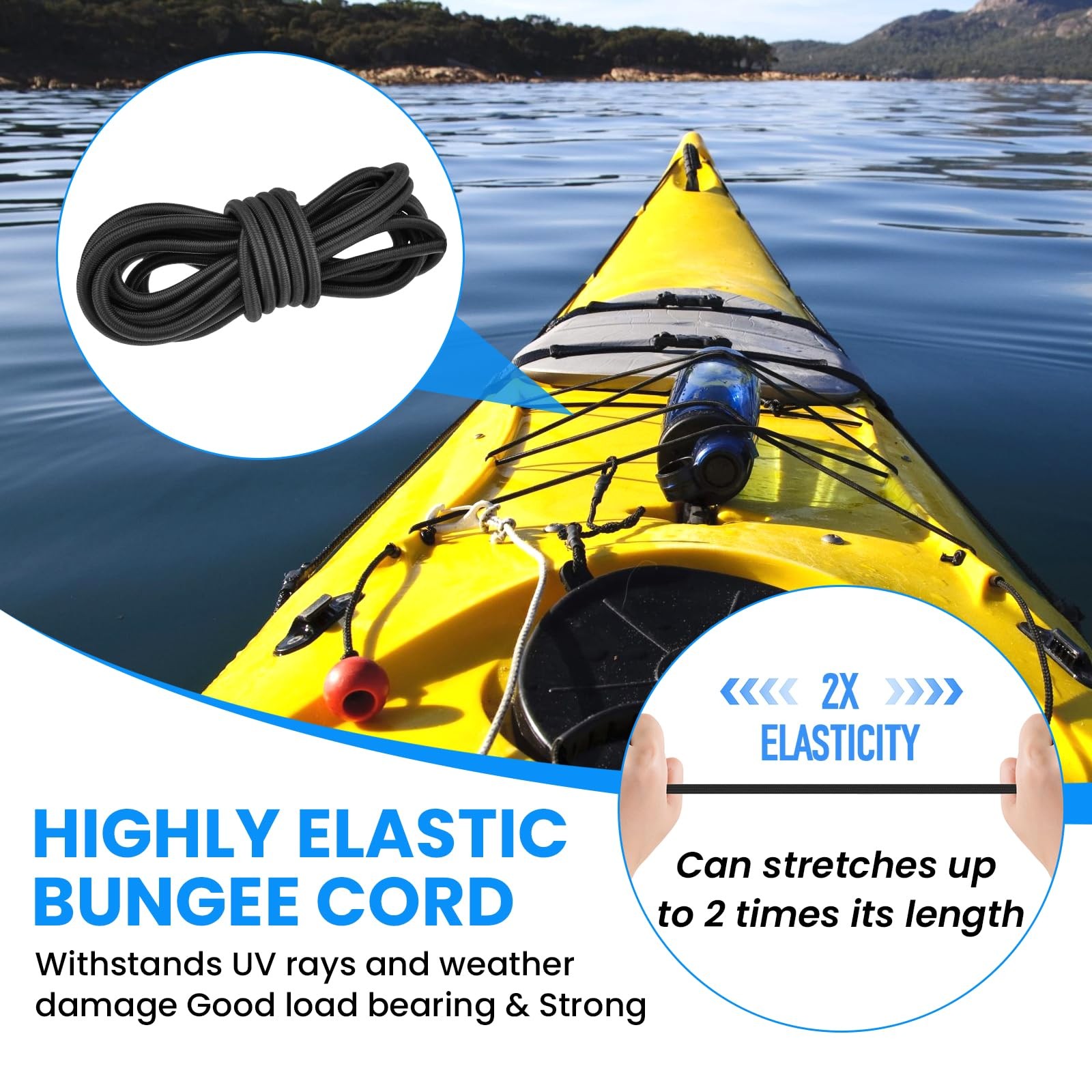 Kayak Deck Rigging Kit 9.8 Ft Bungee Cord Hooks D-Rings Tie Down Pad Eyes