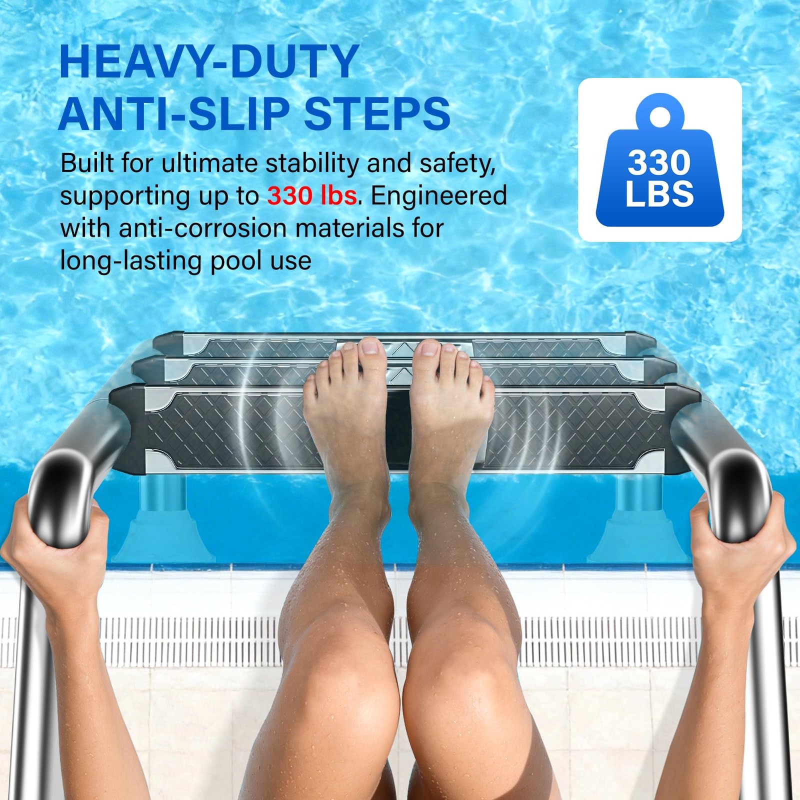 Swimming Pool Ladder 3-Step 304 Stainless Steel Non-Slip Rubber Pads Supports