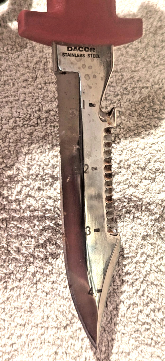 Vintage Dacor Stainless Steel Scuba Diving Knife w/ Rubber Leg Sheath Japan Red