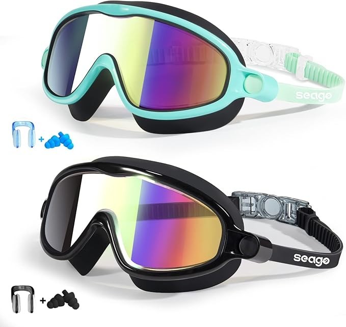Seago Swim Goggles 2 Pack Anti-Fog Anti-UV Wide View Swimming Goggles for Kids 3