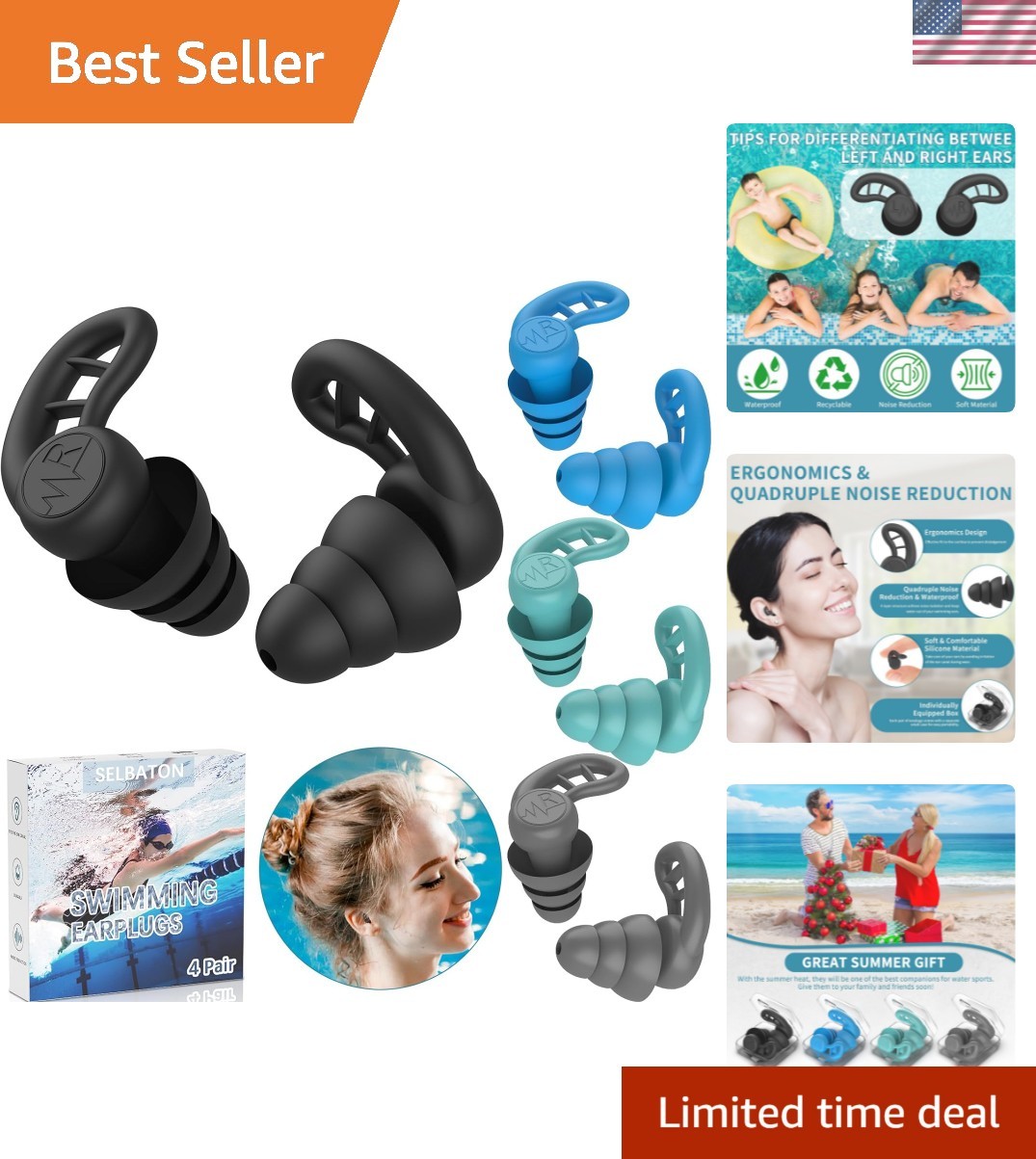 Swimming Ear Plugs for Adults, 4 Pairs Reusable Silicone Waterproof Colorful …