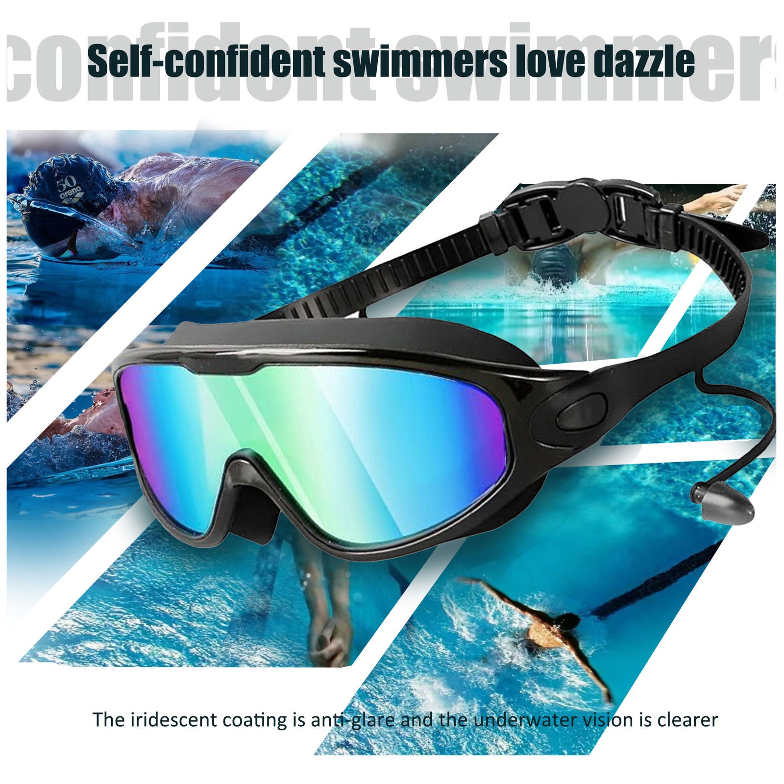 2 Pack-Adjustable-Wide-View Swim Goggles | Anti-Fog UV Lens |Earplugs & Nose Pad