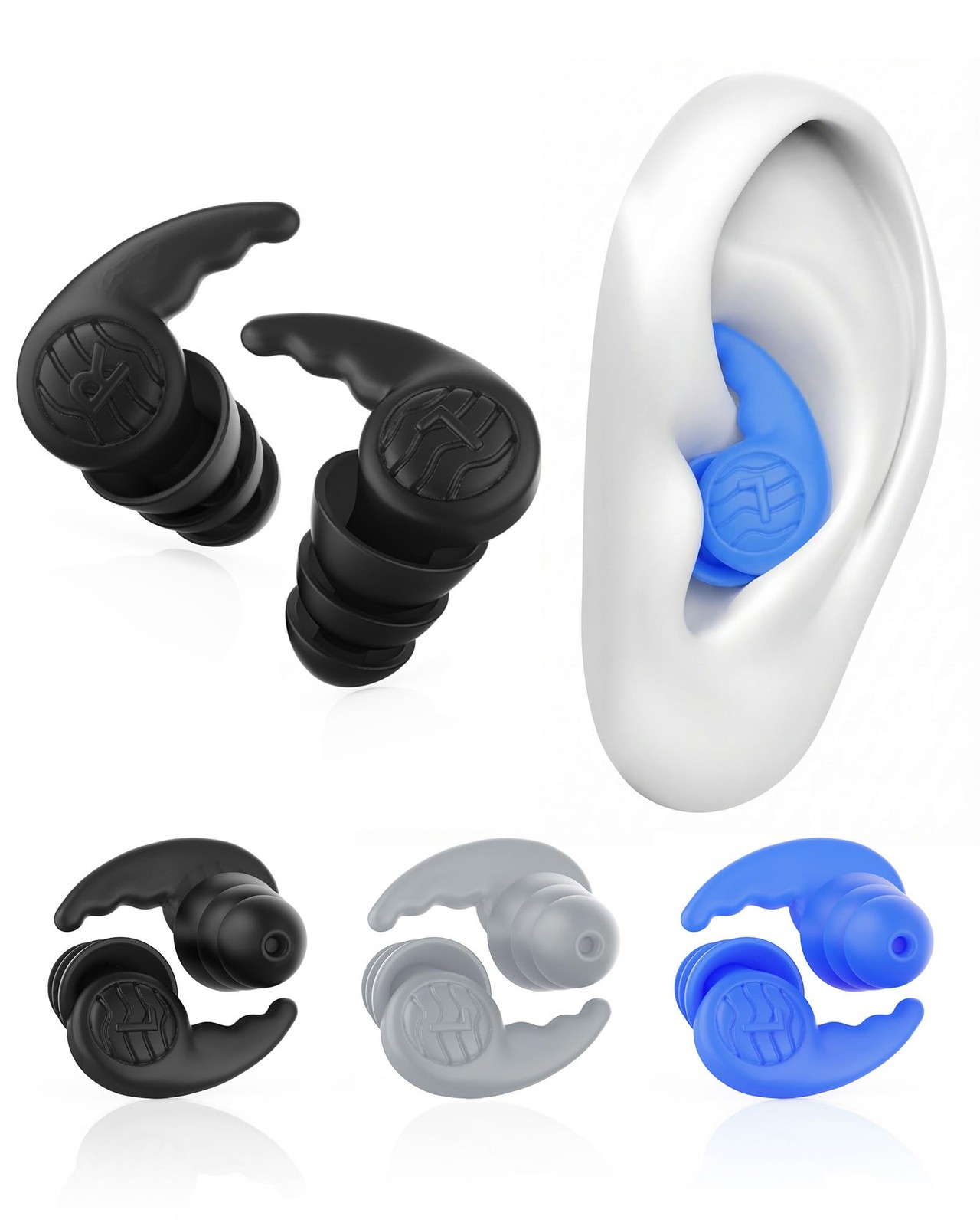 3 Pairs Swimming Earplugs Waterproof 1 pair (Pack of 3), Black-blue-gray