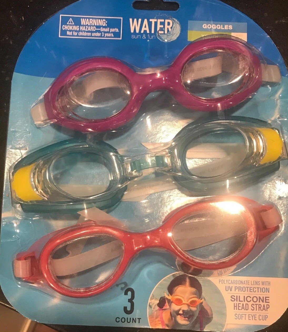 Water Sun & Fun Swim Goggles Polycarbonate lens w/UV Protection 3 pack Youth 8+