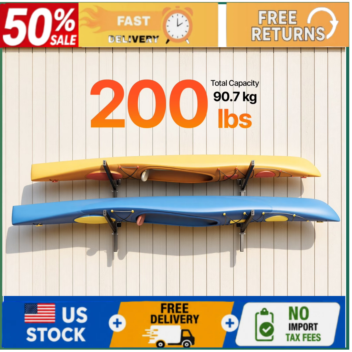 Wall Mount Kayak Storage Rack Heavy Duty Adjustable Holds 2 Kayaks 200 lb Capaci