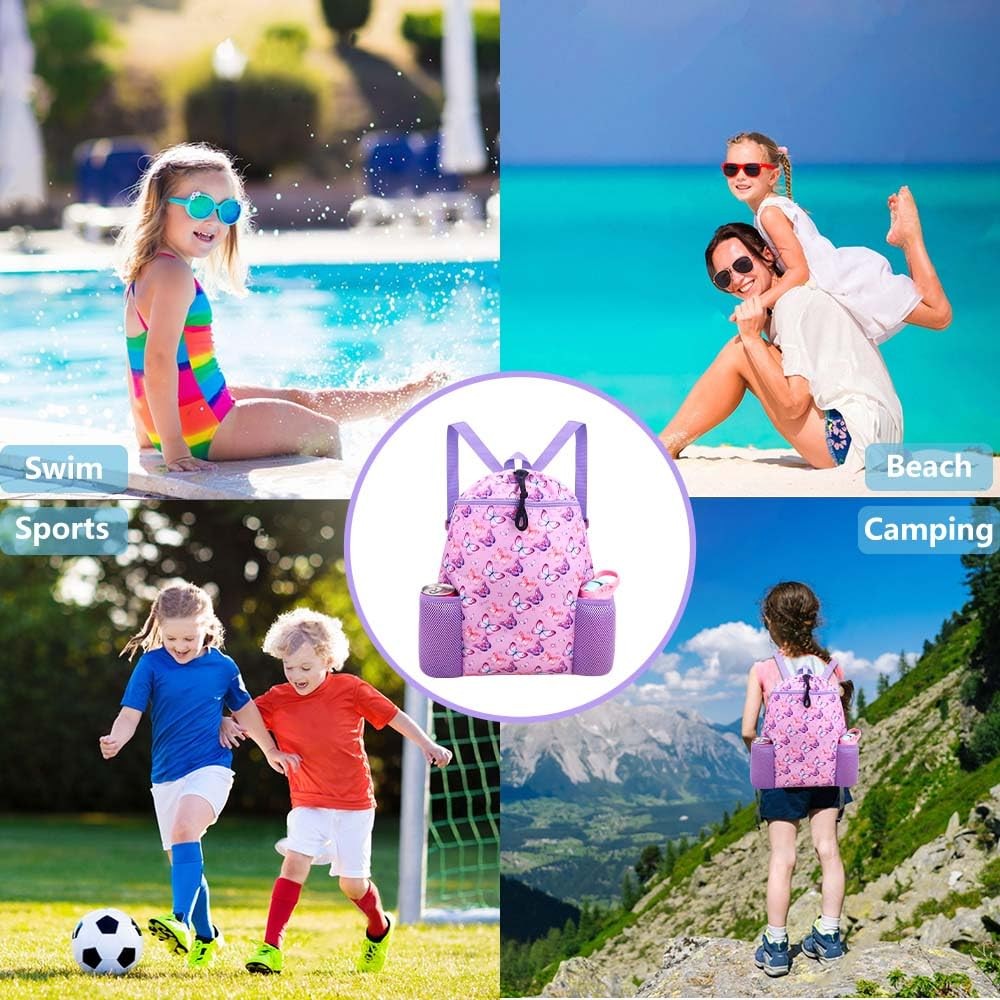 Butterfly Drawstring Backpack for Girls Waterproof Swim Bag with Water Bottle