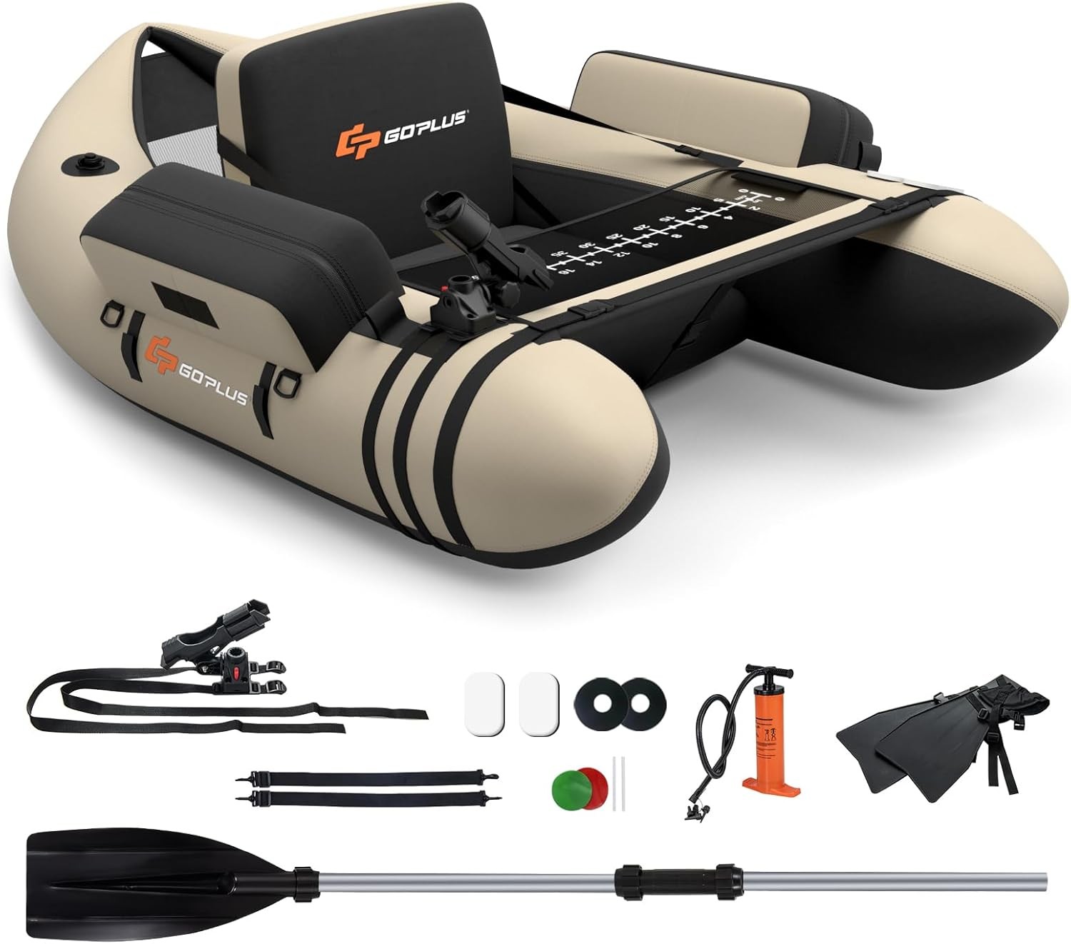 Goplus Inflatable Float Tube, Fishing Belly Boat with Fish Ruler, Pump, Storage