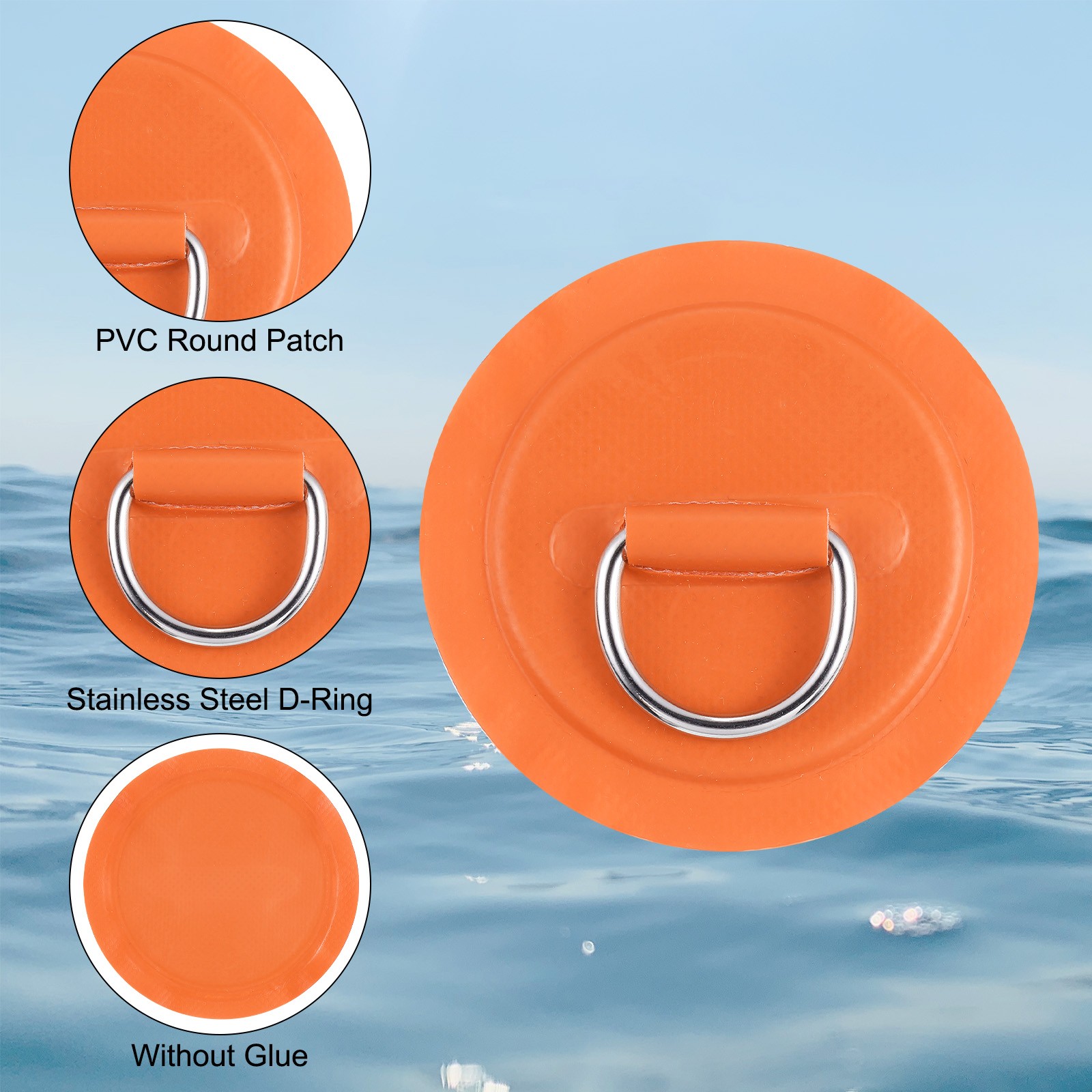 6 Pcs D-Ring Patch, Stainless Steel D-Ring PVC Patch No Glue Include, Orange