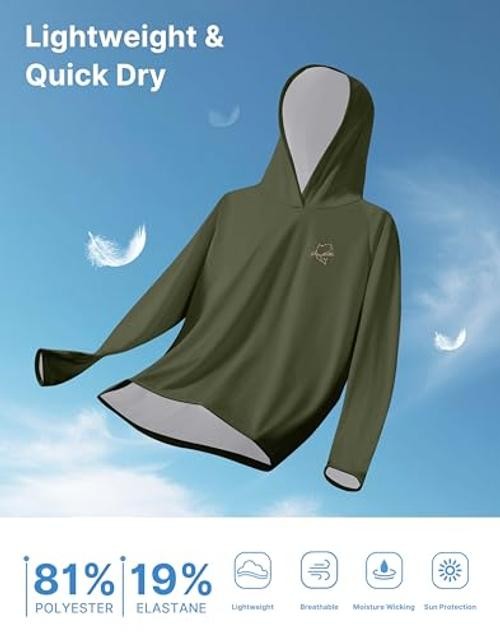 Men’s Sun Protection Hoodie Shirts UPF 50+ Long Sleeve Large Army Green/Fish