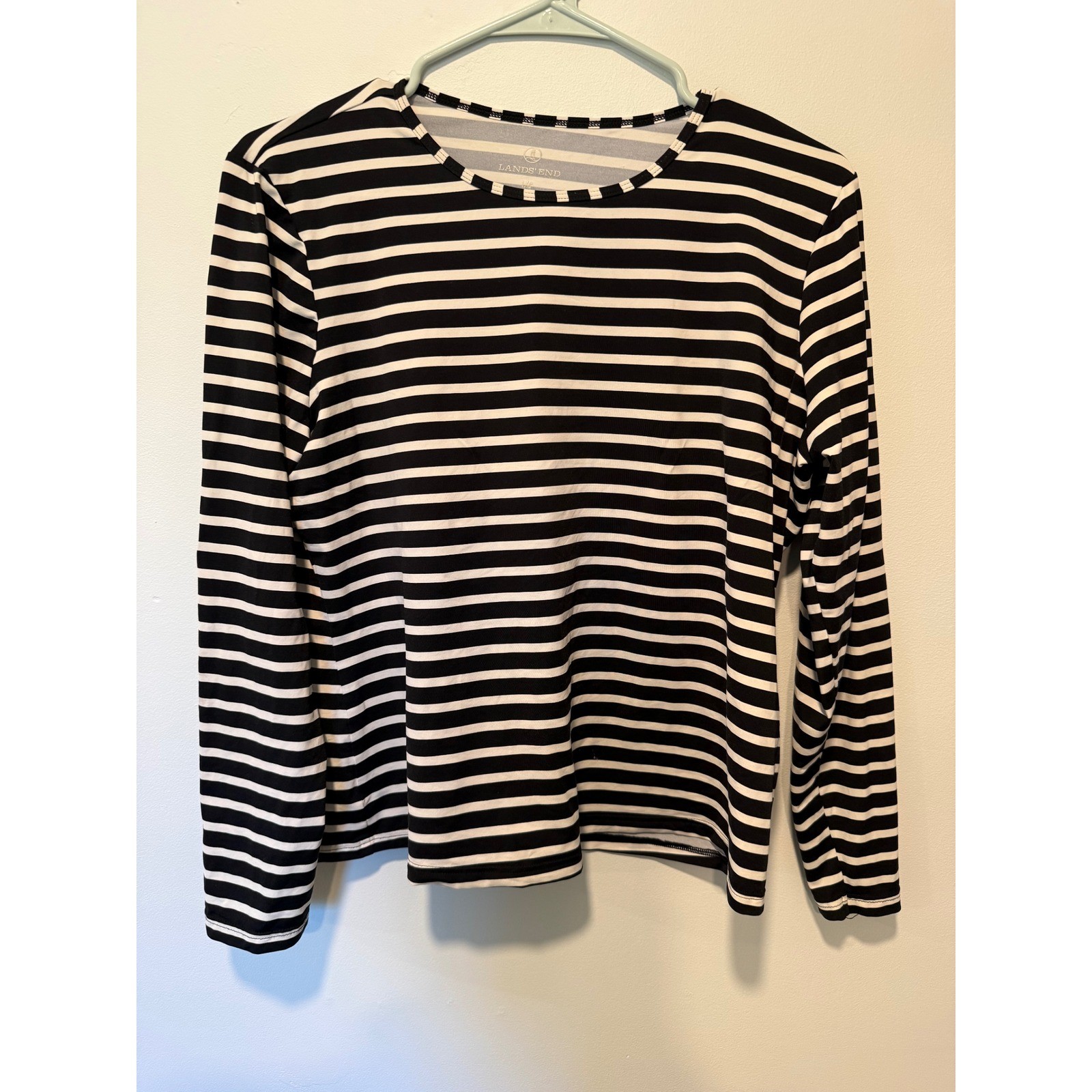 Lands End Womens RashGuard Swim Top Black White Striped Long Sleeve Large Petite