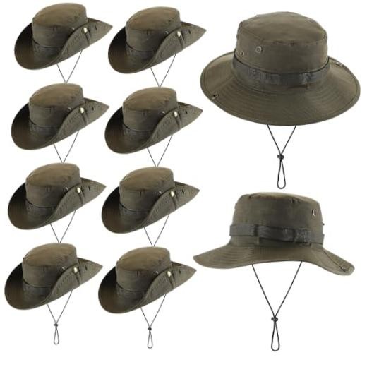 10 Pcs Bucket Hat Bulk Safari Hat Wide Brim Boonie Hiking Army Green Classic