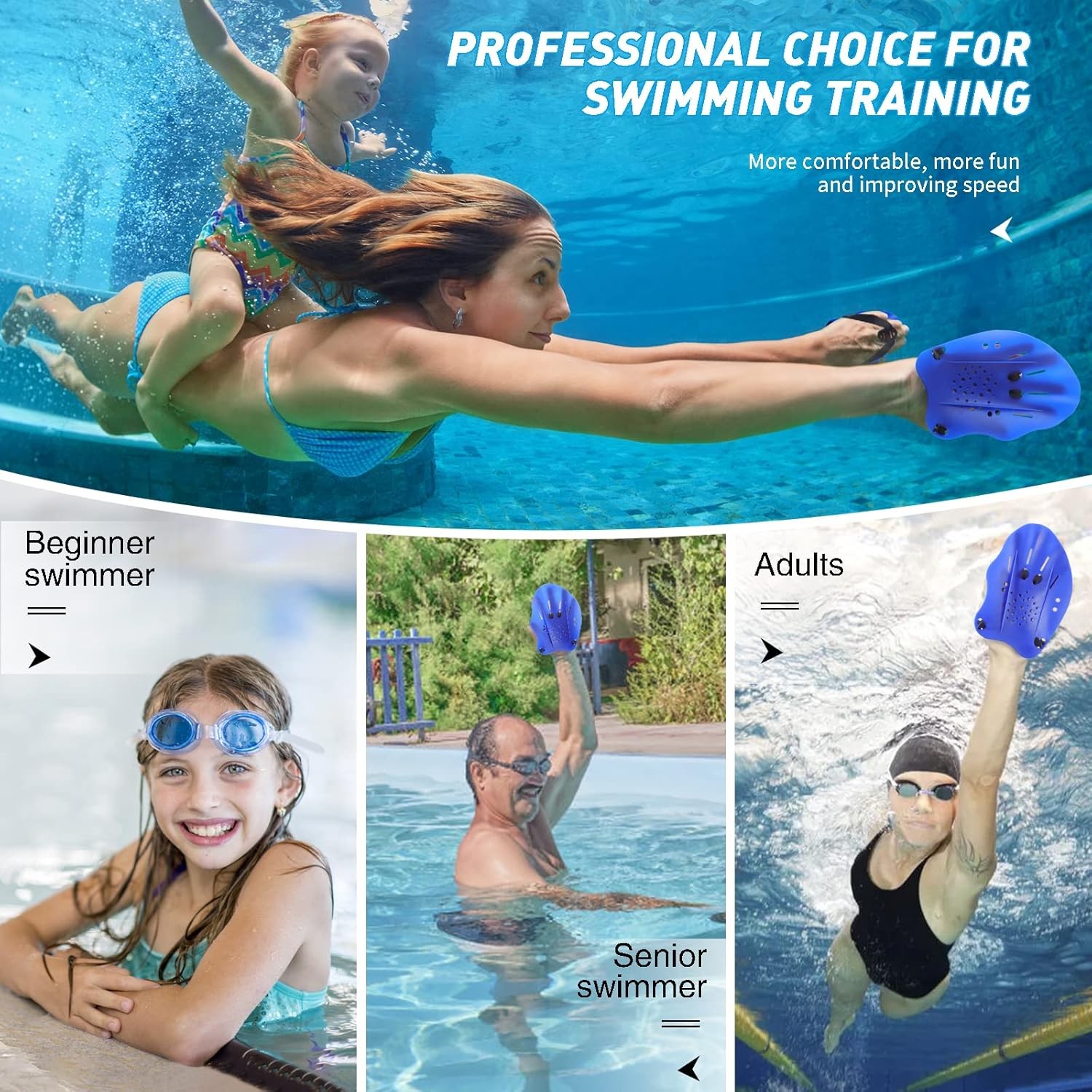 Swim Paddles W/ Adjustable Straps Hand Paddles Lap Swimming Equipment Women Men