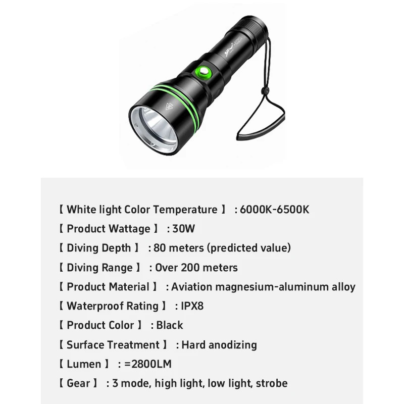 300000LM Professional Diving P70 Flashlight Underwater 200M Spearfishing Torch