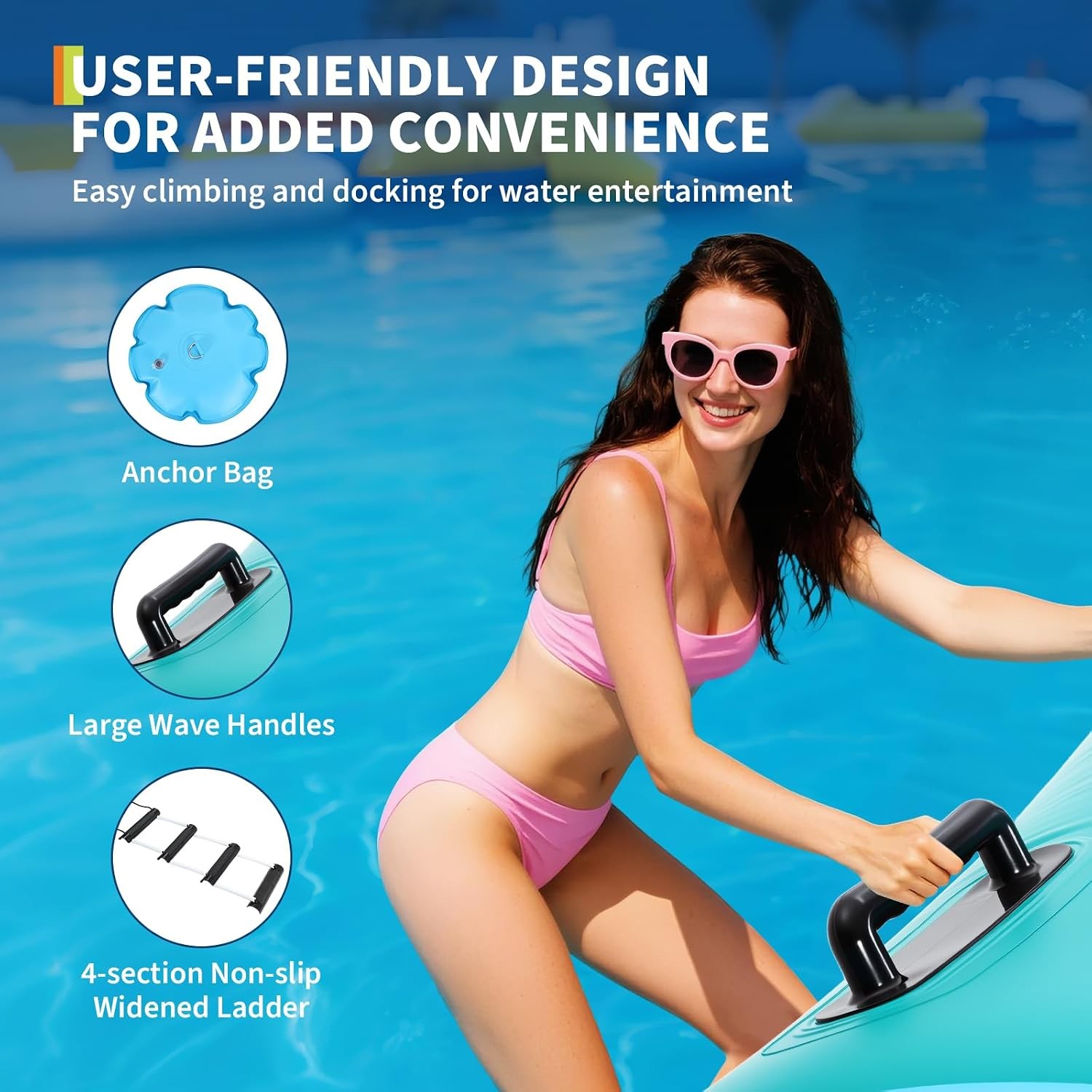15FT Inflatable Water Trampoline Floating Water Bouncer w/Pump Ladder 408lbs