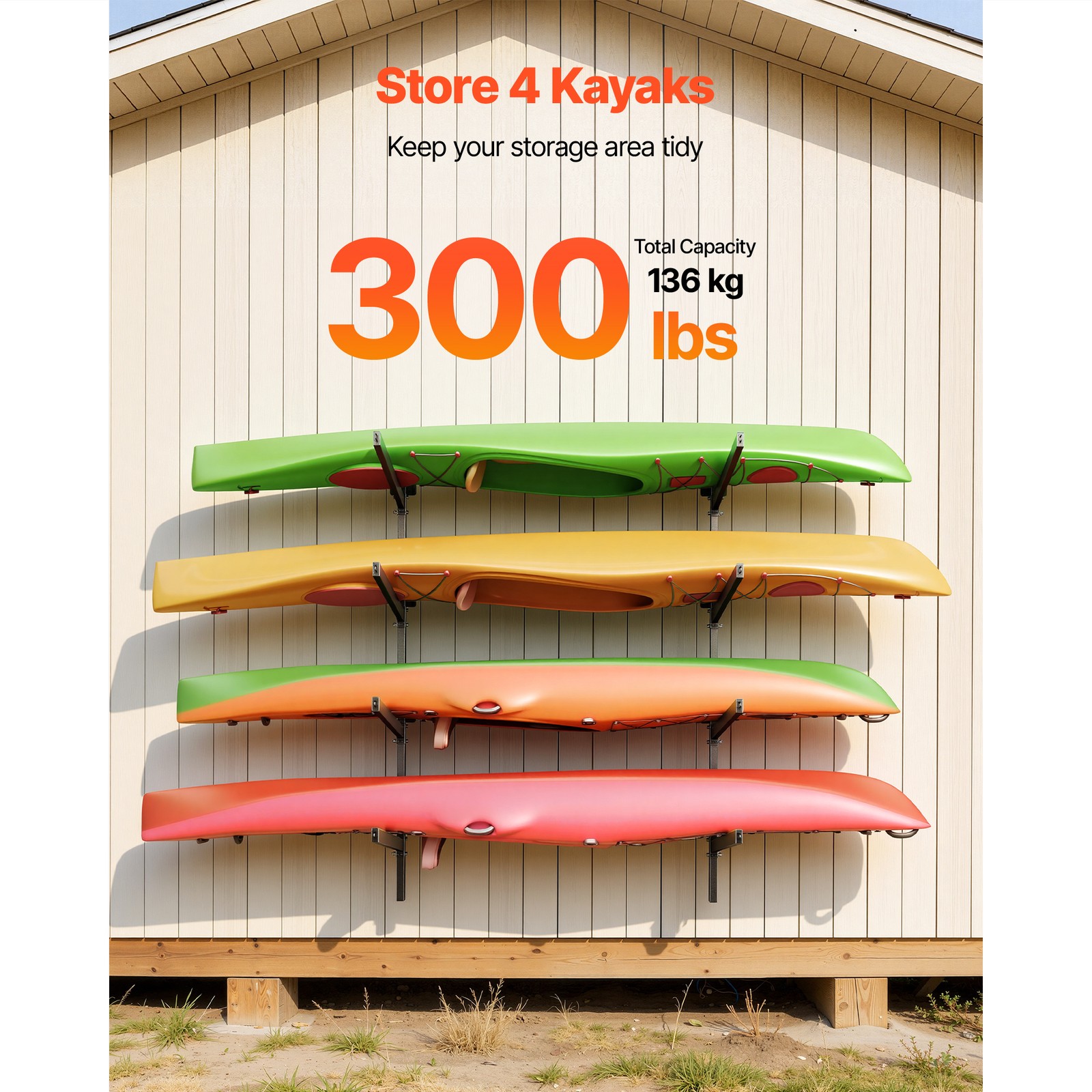 Uimoso Wall-Mounted Rack for Kayaks and Paddleboards, 4 Units, 300 lbs Capacity