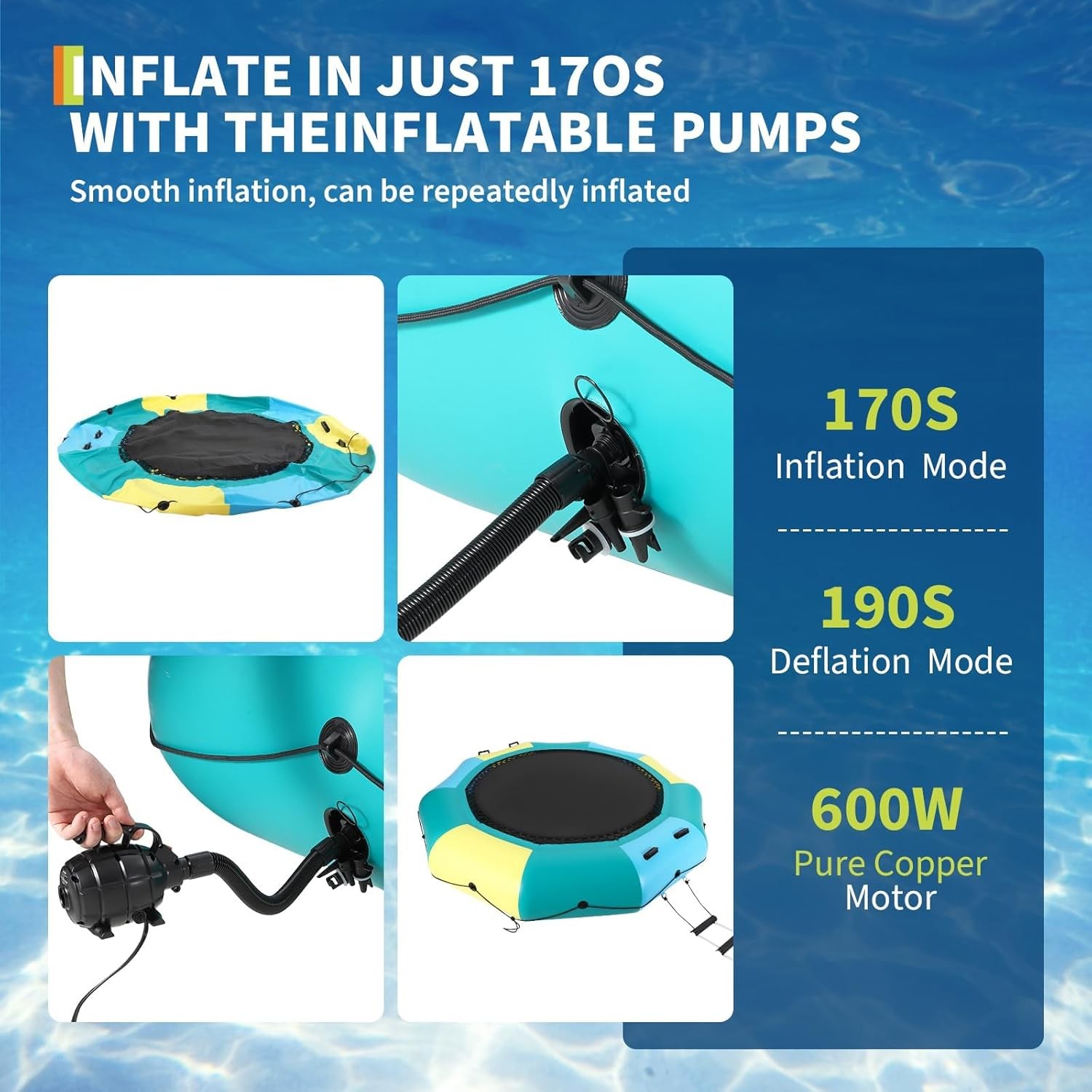 10FT Inflatable Water Trampoline 408LBS Floating Bounce with Pump and Ladder Kit