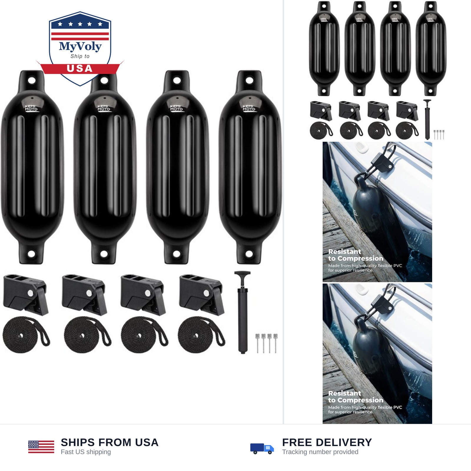 KEMIMOTO Boat Fenders Bumpers for 15-35ft Boats, 4 Pack Inflatable Boat Fende…