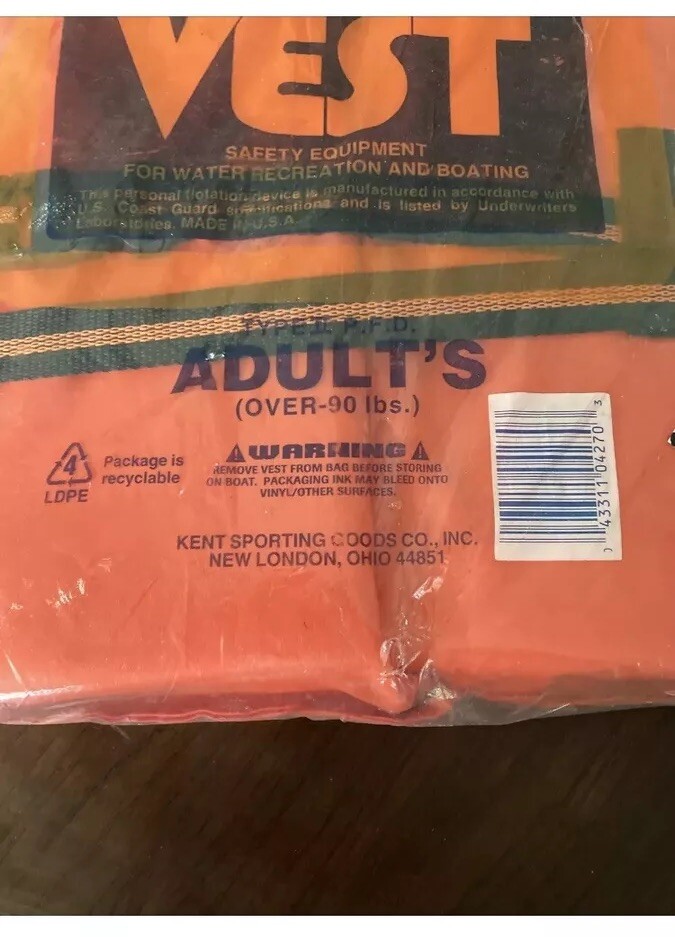 Kent U.S. Coast Guard Approved Buoyant Life Vest Adult Type 2 PFD Over-90lbs New