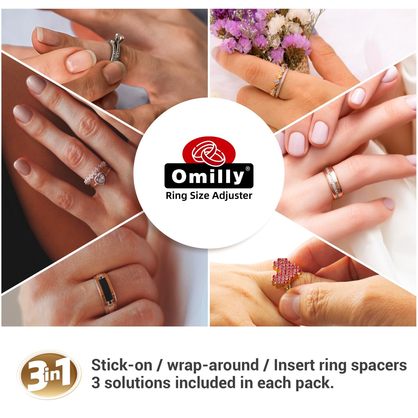 Omilly Ring Sizer Adjuster for Loose Rings – 62 Piece Set with 3 Styles (Ring…