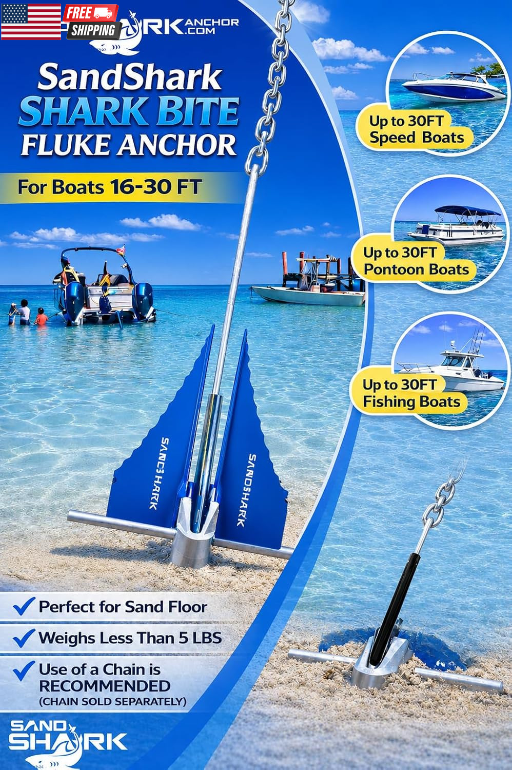 Sandshark Premium Fluke Anchor-Retractable Shaft Easy Storage-Aluminum Pontoon B