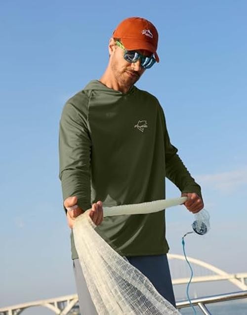 Men’s Sun Protection Hoodie Shirts UPF 50+ Long Sleeve Large Army Green/Fish