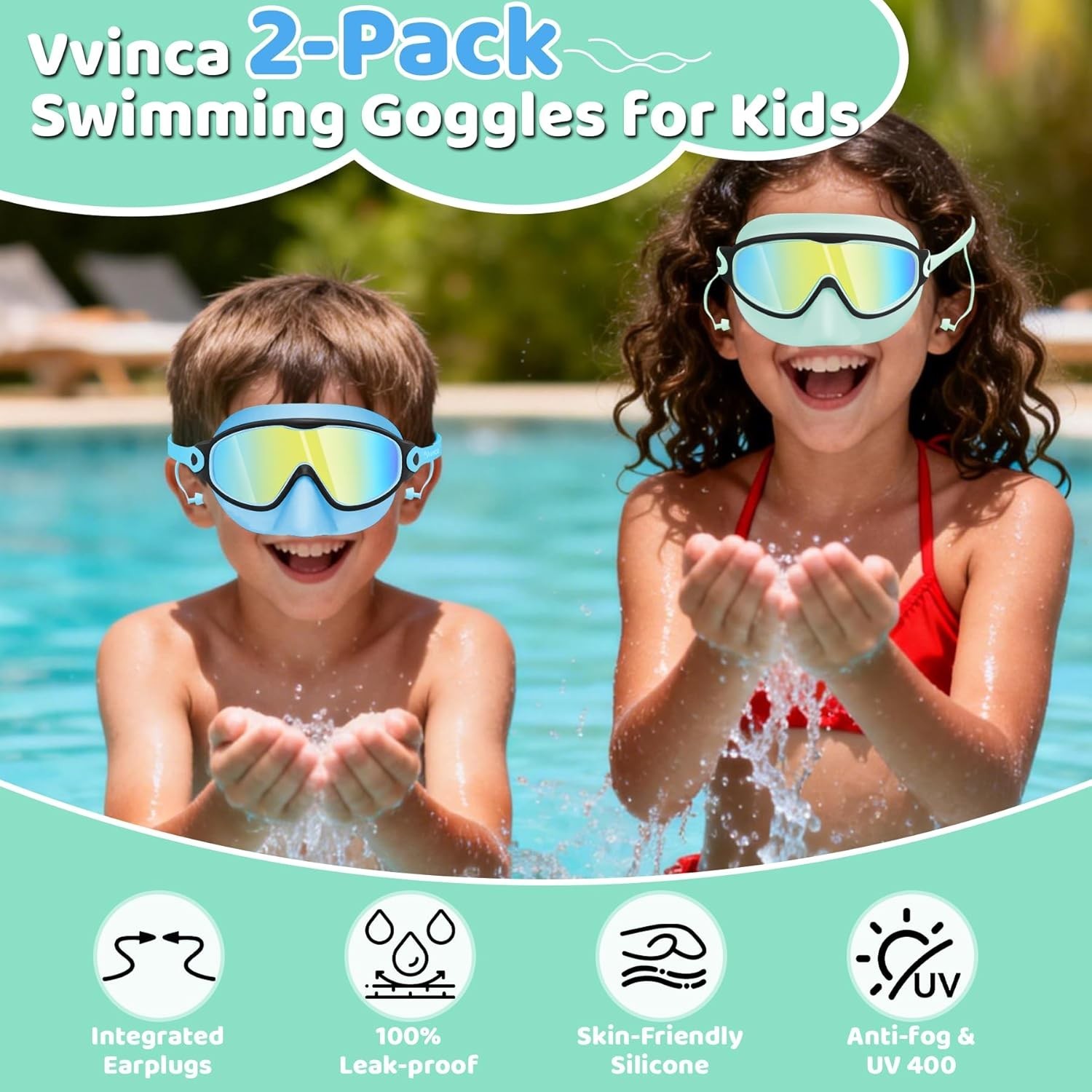 Kids Swim Goggles with Nose Cover & Attached Earplugs, Anti-Fog Wide View Swi…