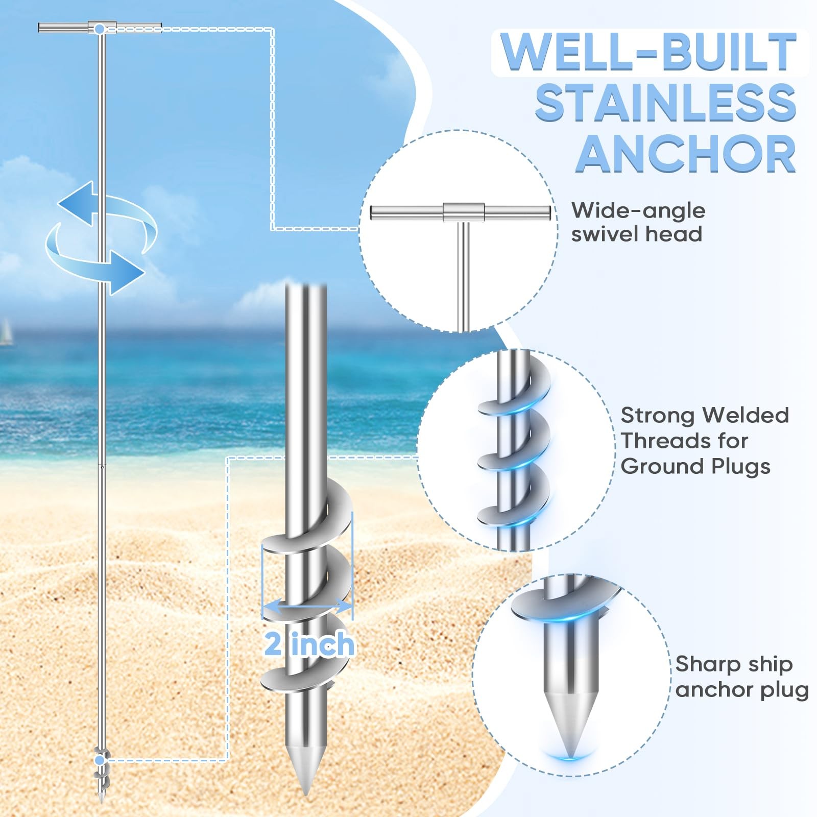 9.8FT Shallow Water Anchor, Portable Stainless Boat Anchor Pole, Quick-Lock B…
