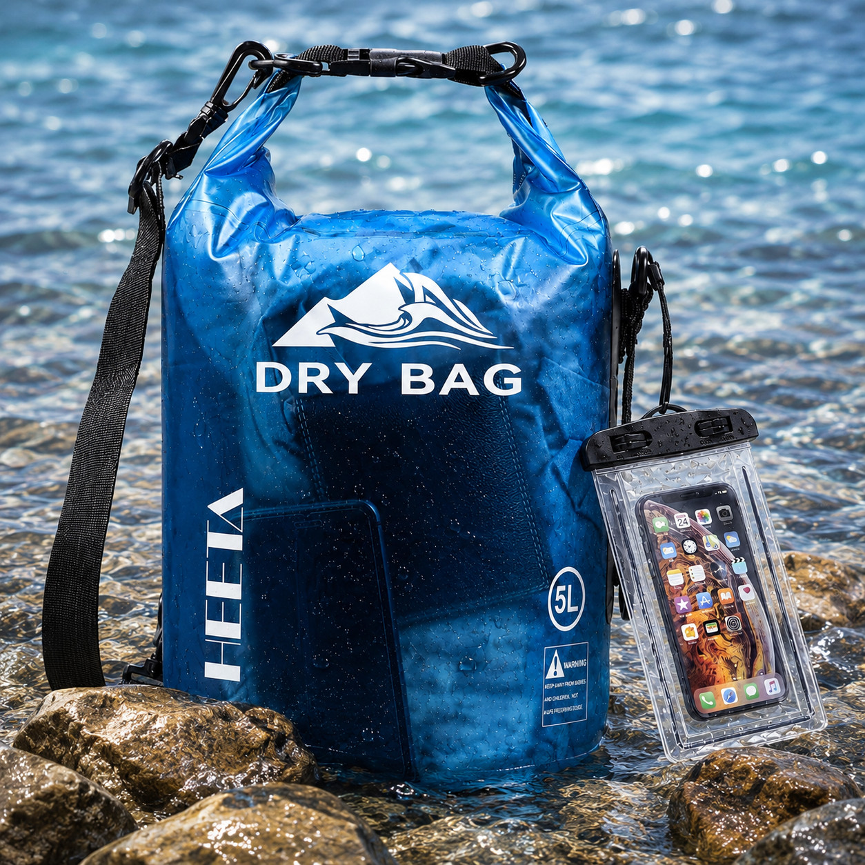 HEETA 5L Waterproof Dry Bag | Roll Top Dry Storage Bag w/ Phone Case Blue