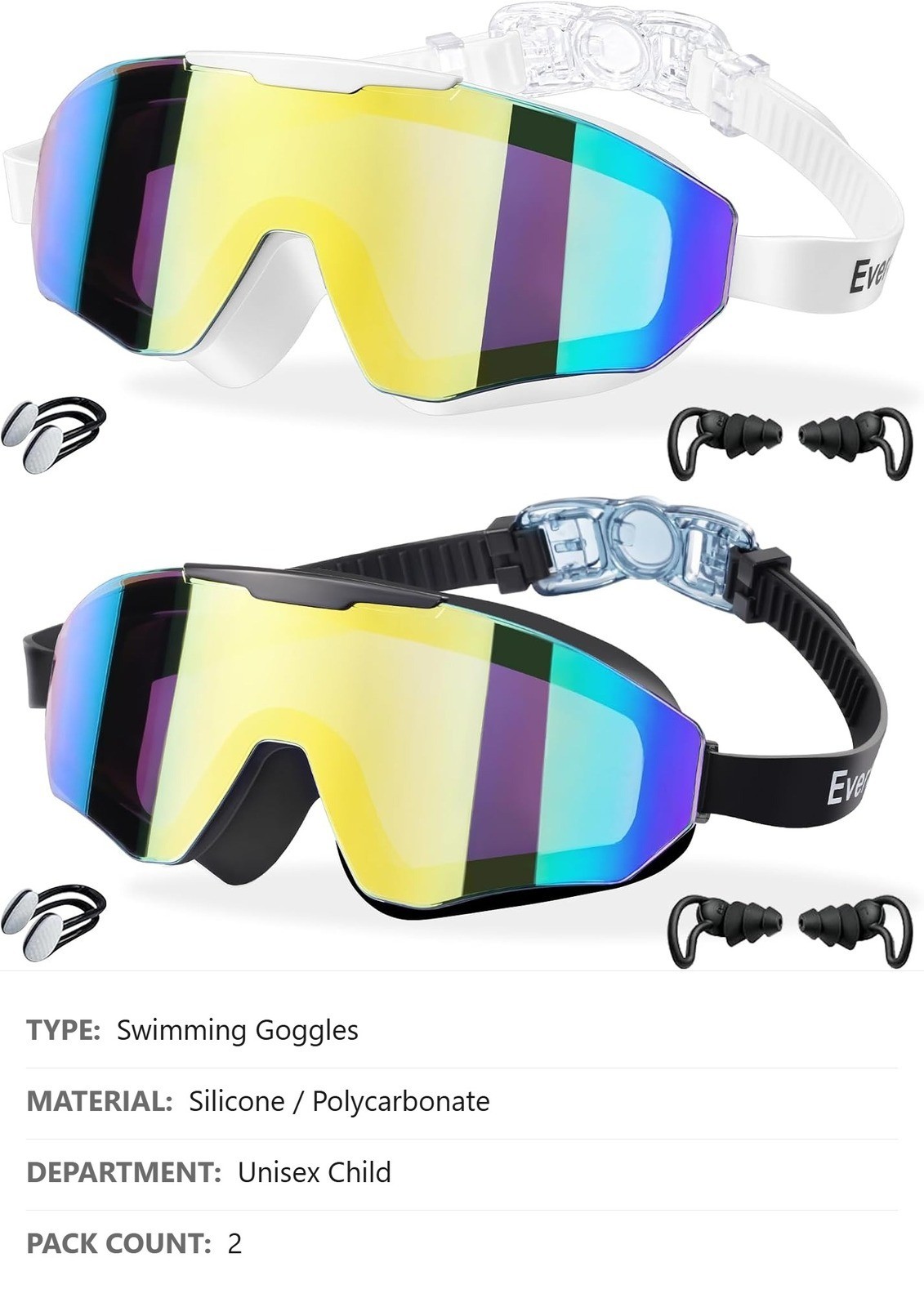 Kids Swim Goggles, 2 Pack, Age 8-16, Anti-Fog, UV Protection