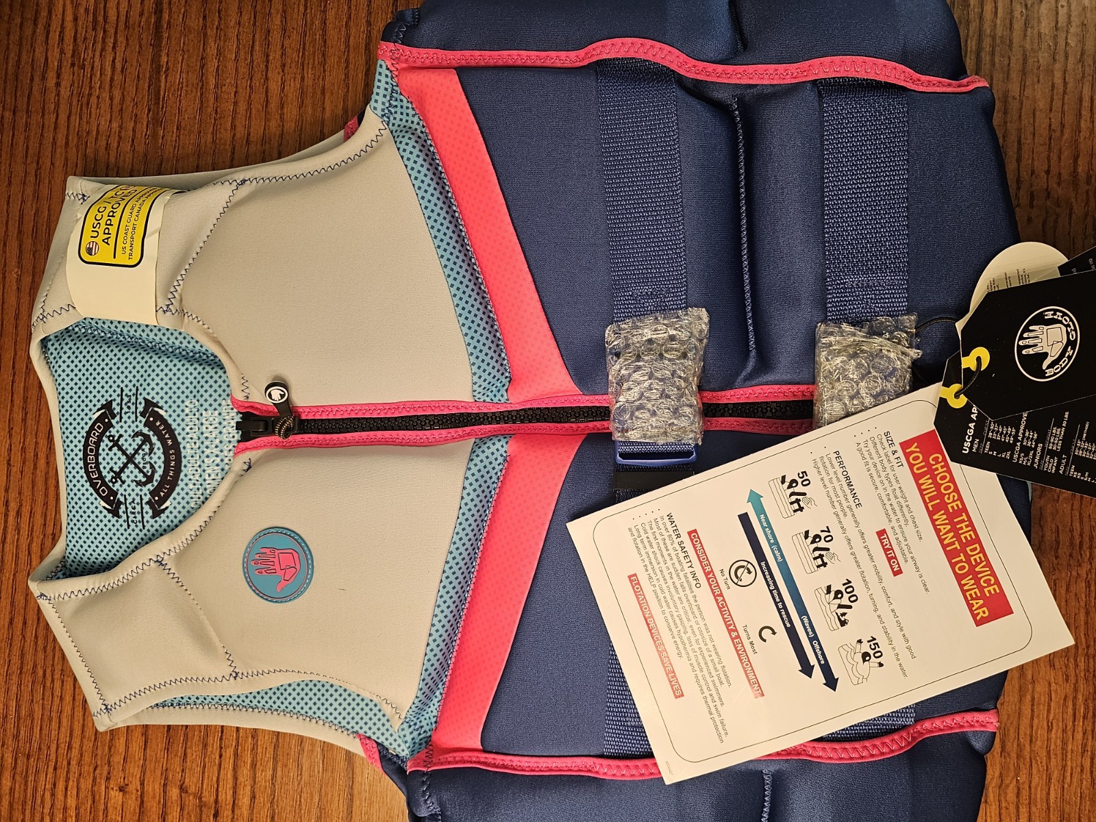 Body Glove Overboard USCG/TC Approved Life Jacket PFD Vest Blue/Gray/Pink