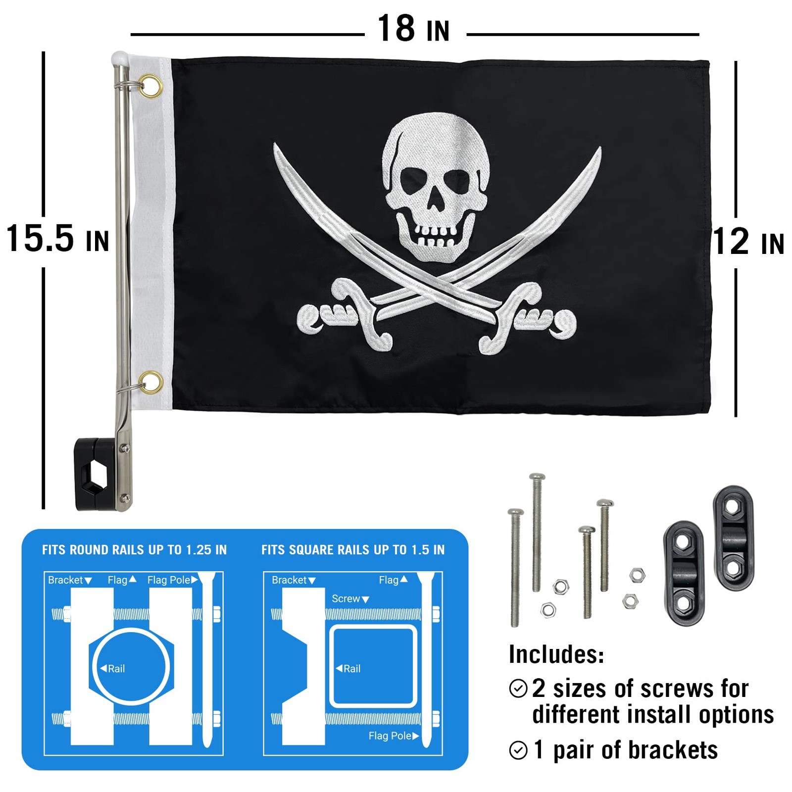 Pirate Flag Boat Pole Kit, 12″ x 18″ Jolly Roger Set,