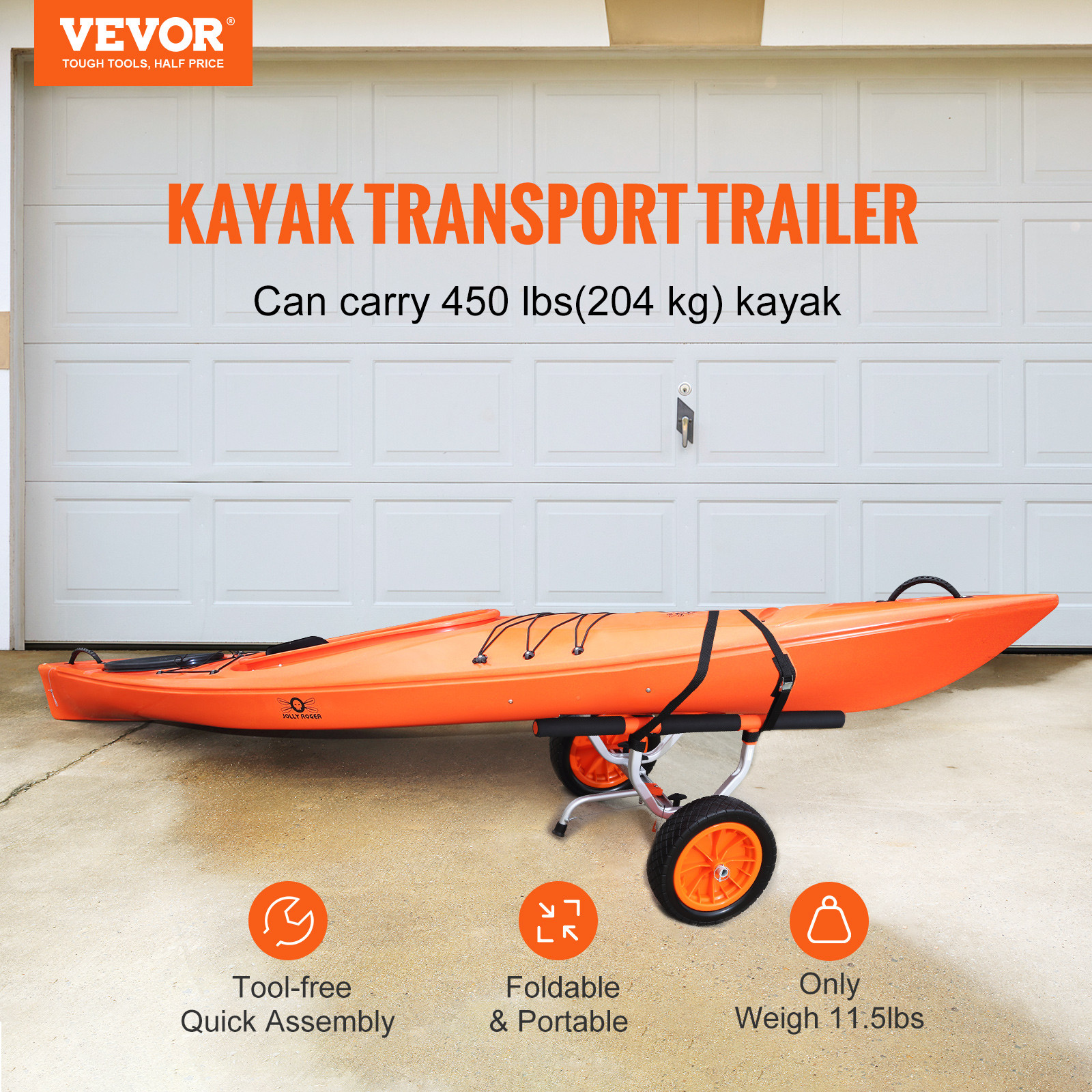 VEVOR Adjustable Kayak Cart Canoe Boat Carrier 450lbs Load with 12” Solid Tires