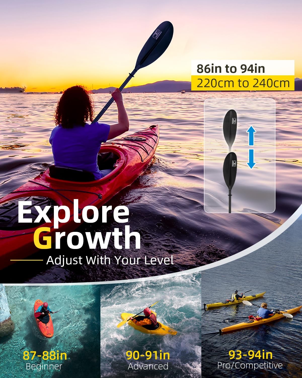 Adjustable Carbon Fiber Kayak Paddle 86in/220cm to 94in/240cm with Leash |