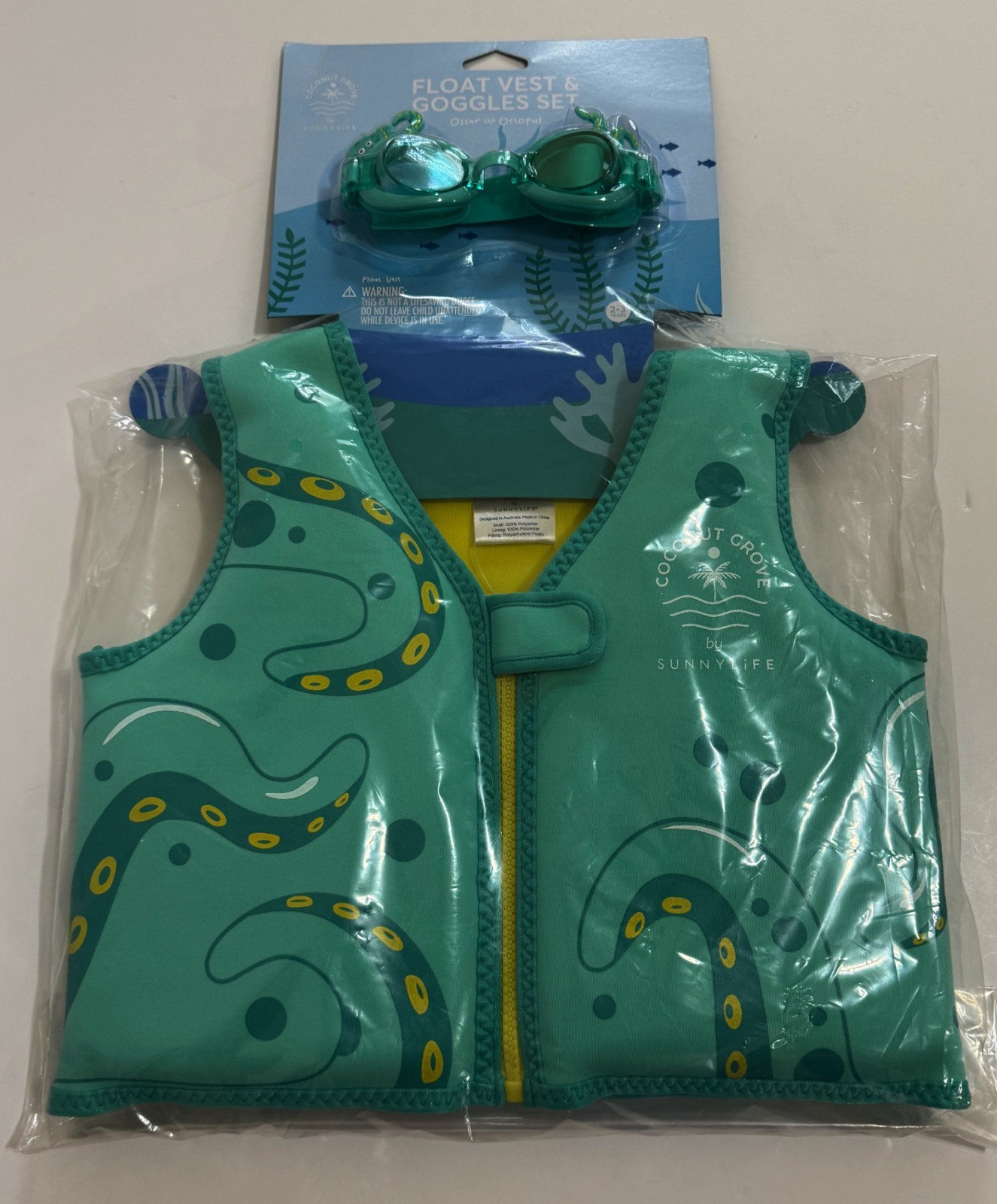 Coconut Grove by Sunnylife Kids, Unisex Swim Float Vest & Goggles Set 2-3 years