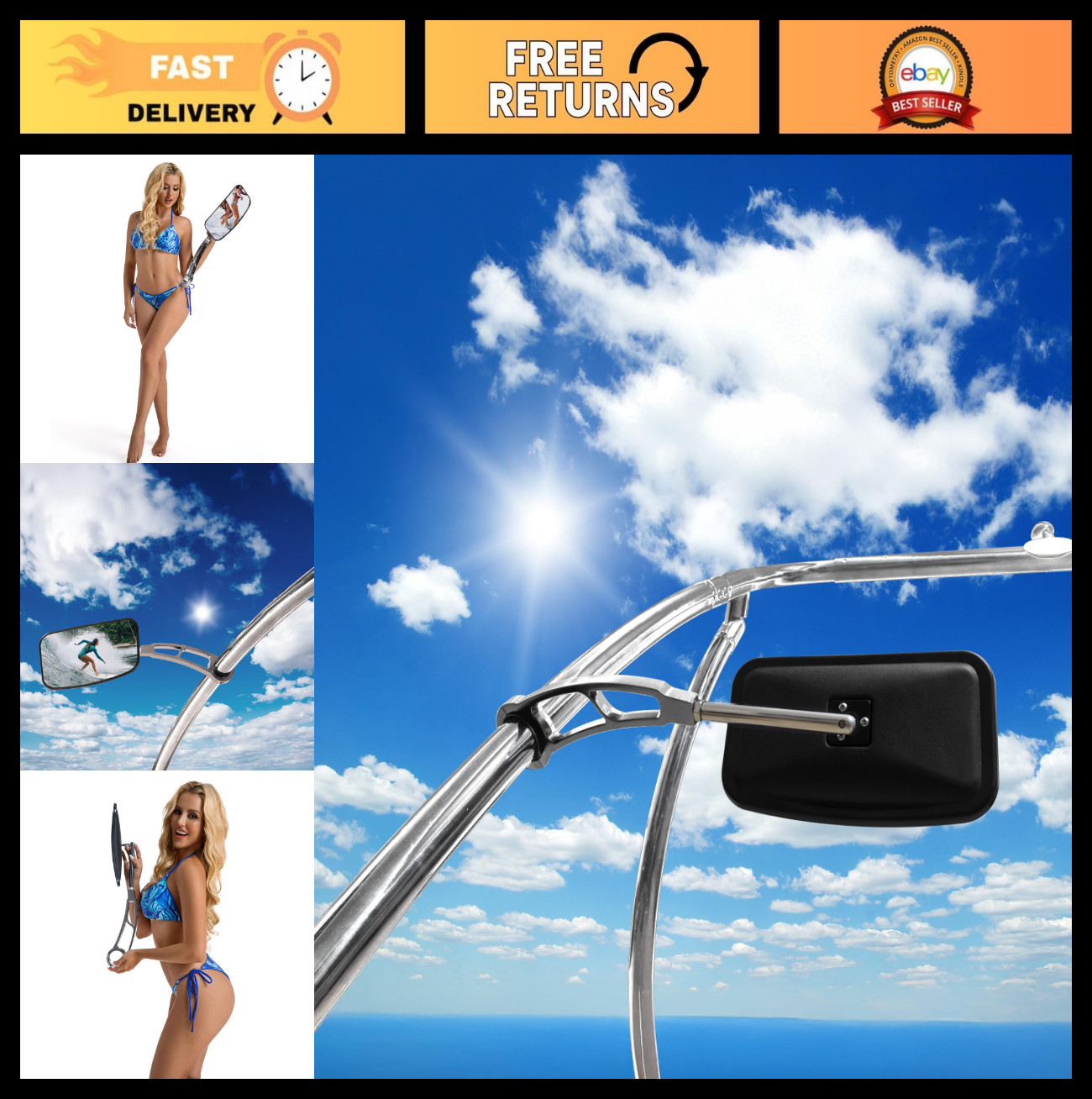 Universal Wakeboard Tower Mirror 7×13″ Convex – Chrome Finish, Vibration-Free Ar