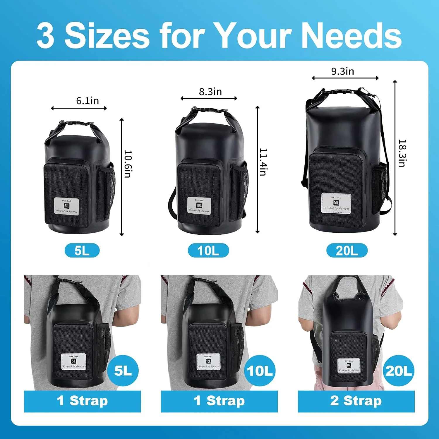 5L Waterproof Dry Bag with Bottle Holder & Mesh Pocket, 500D PVC Tarpaulin Roll