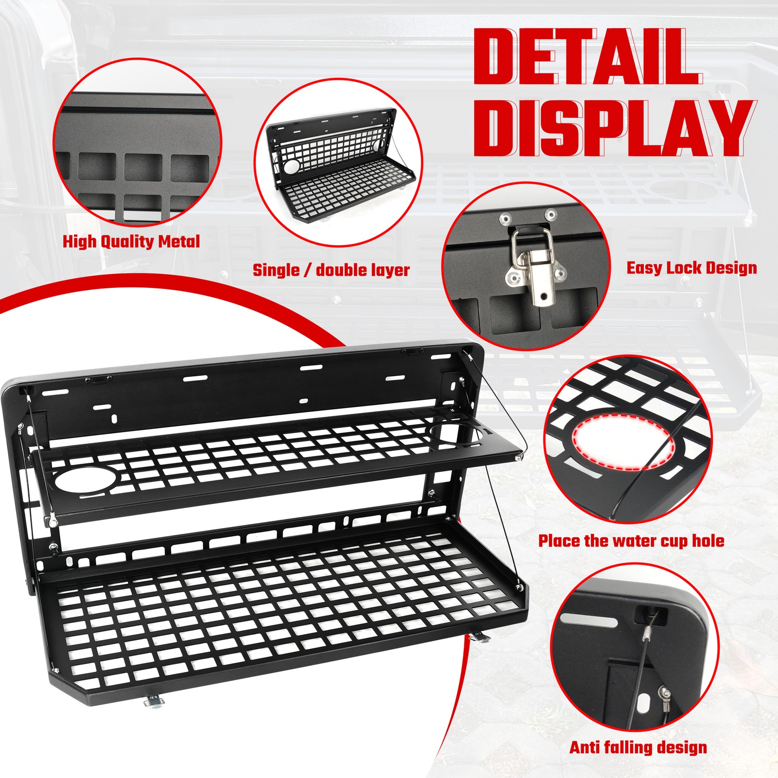 Tailgate Table for Jeep Wrangler JK JL, Folding 2-Tier Cargo Rack Molle Panel
