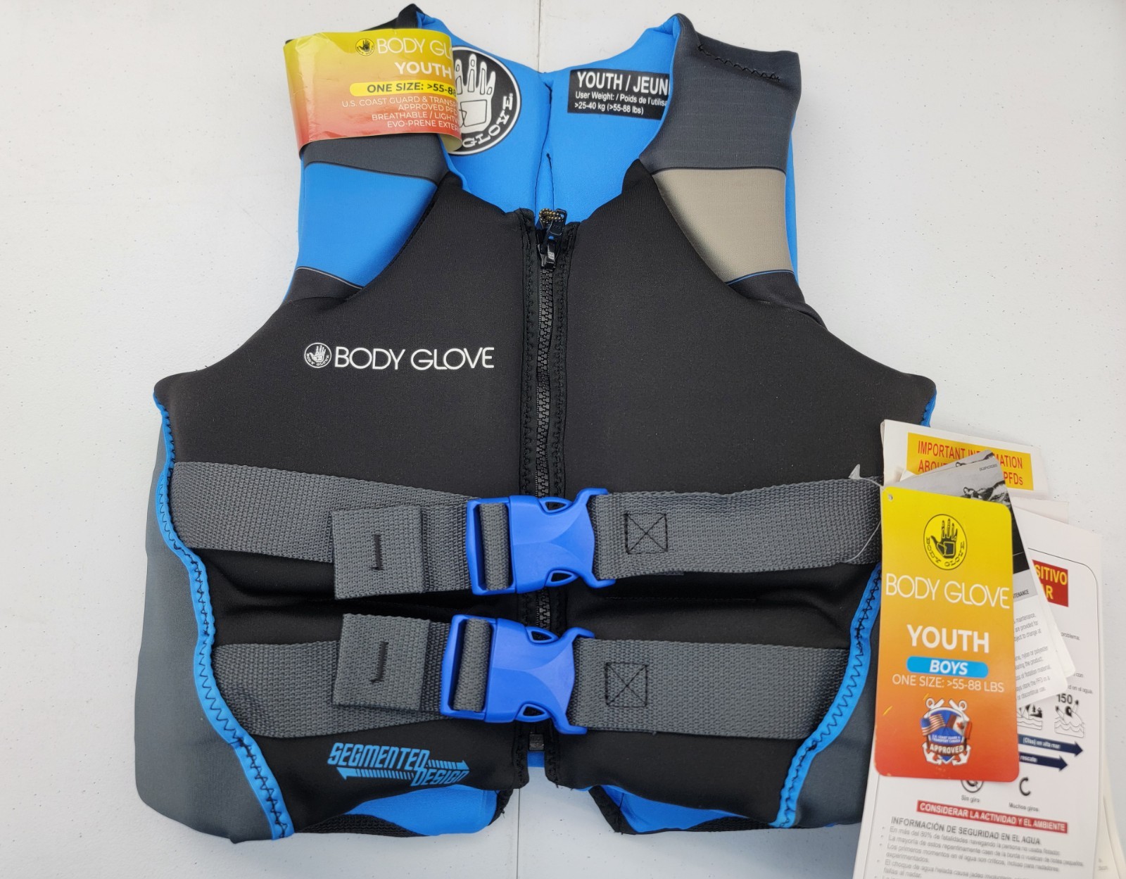 Body Glove PFD Life vest Youth Boy’s 55-88 pounds, Blue Black Gray NEW